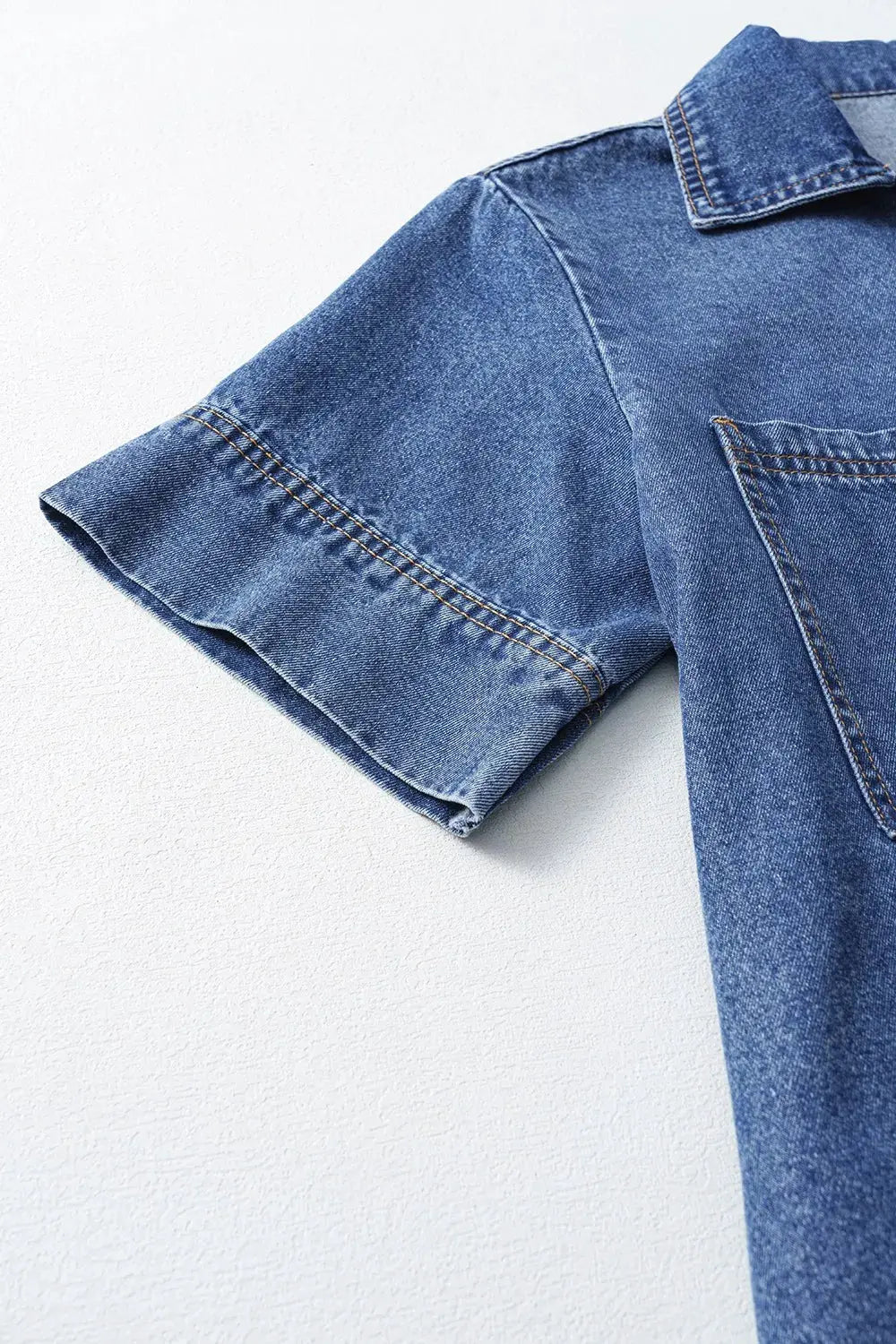 Short Sleeve Collared Patched Pocket Denim Mini Dress by Partner Label