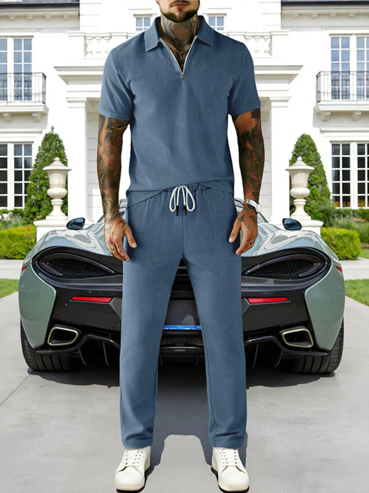 Men's Full Size Casual Zipper Polo Shirt and Drawstring Pants Set Plus Size by Trendsi