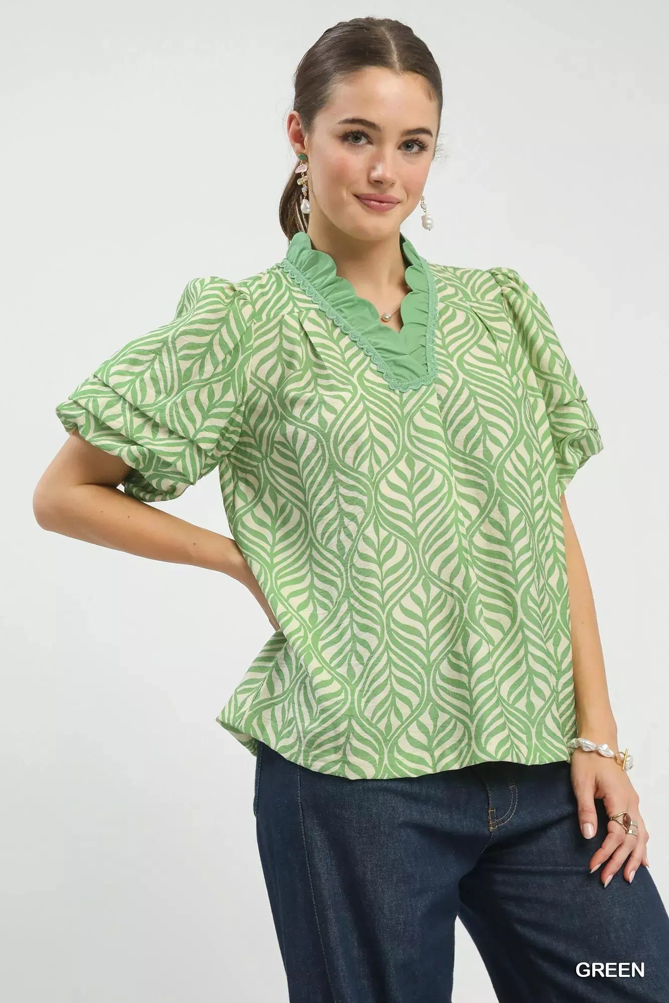 Umgee Printed Puff Sleeve Ruffle Neck Top by Umgee