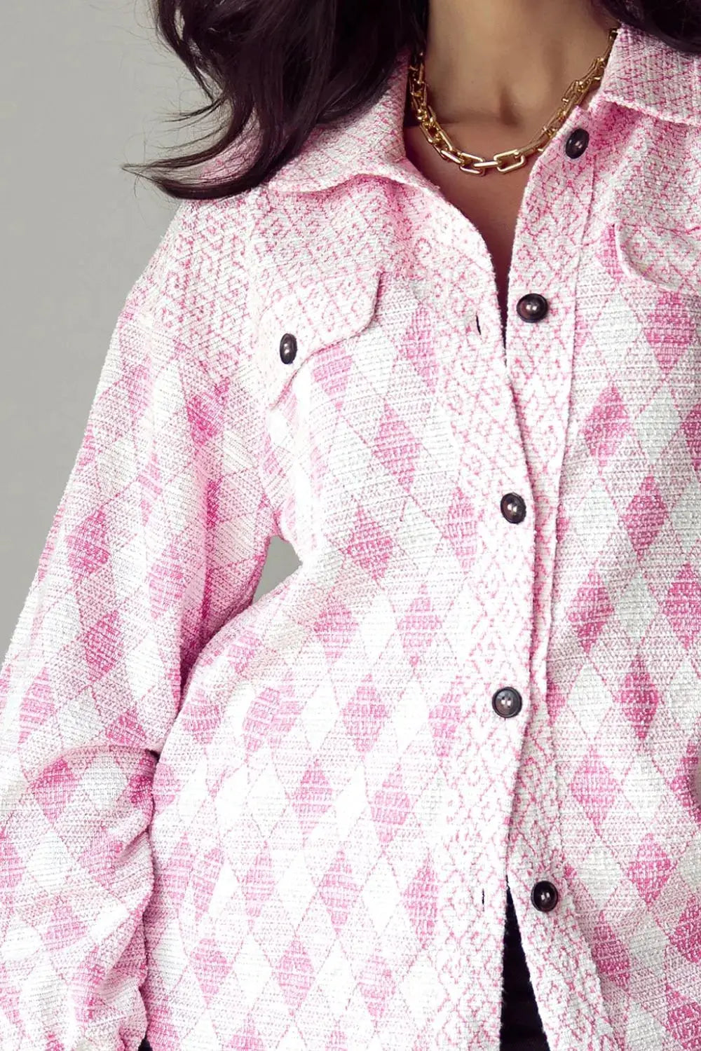 Geometric Print Textured Flap Pocket Shacket by Partner Label