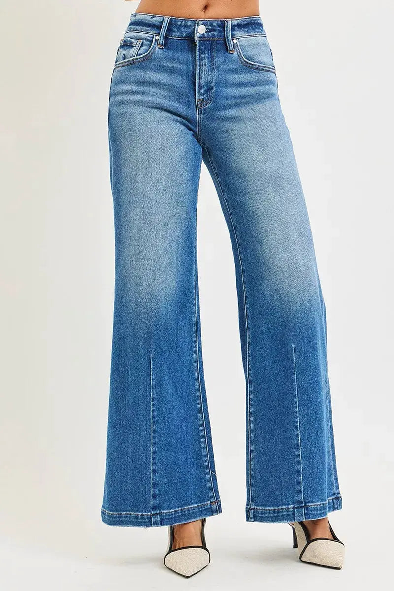 RISEN Full Size Mid Rise Wide Leg Jeans with Flared Look Plus Size by RISEN