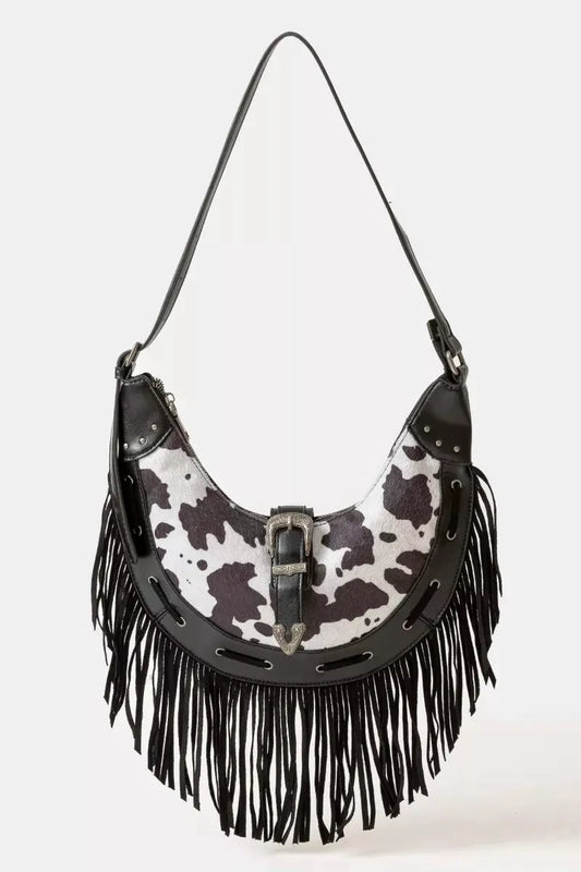 Fame Cow Print Faux Leather Fringe Hobo Bag by Fame