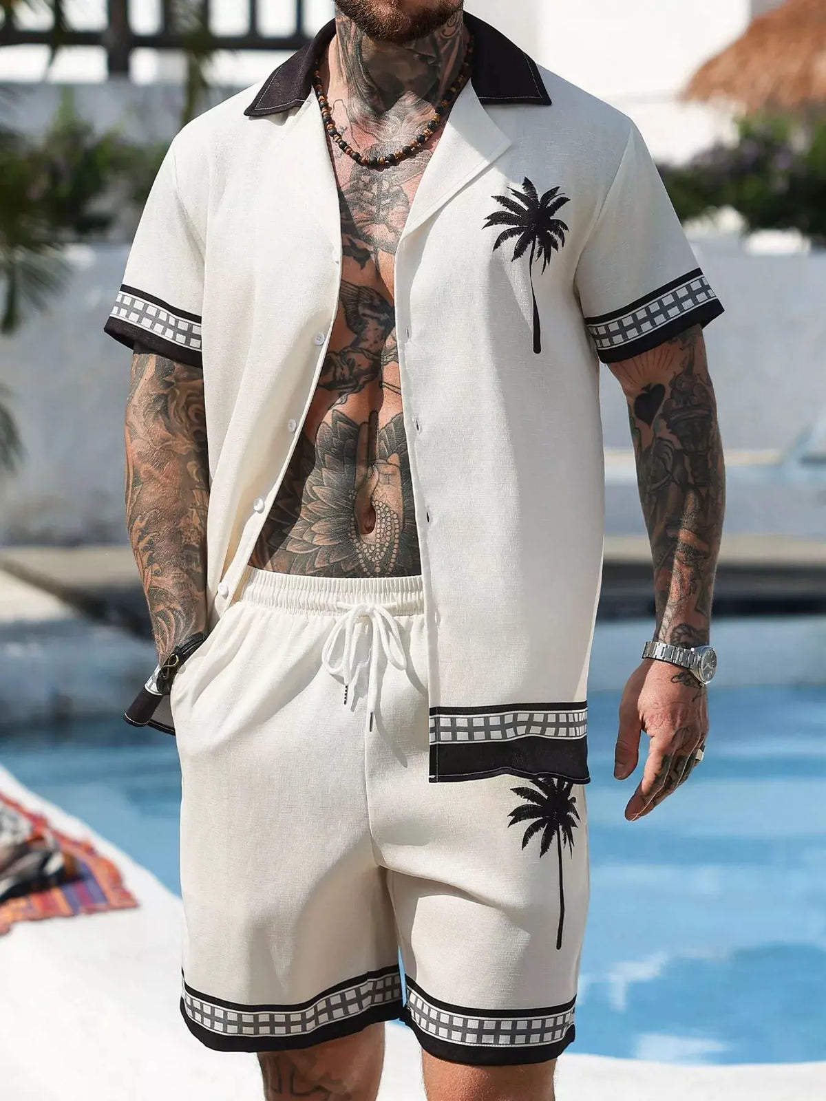 Men's Tropical Palm Tree Print Short Sleeve Shirt and Shorts Set by Trendsi