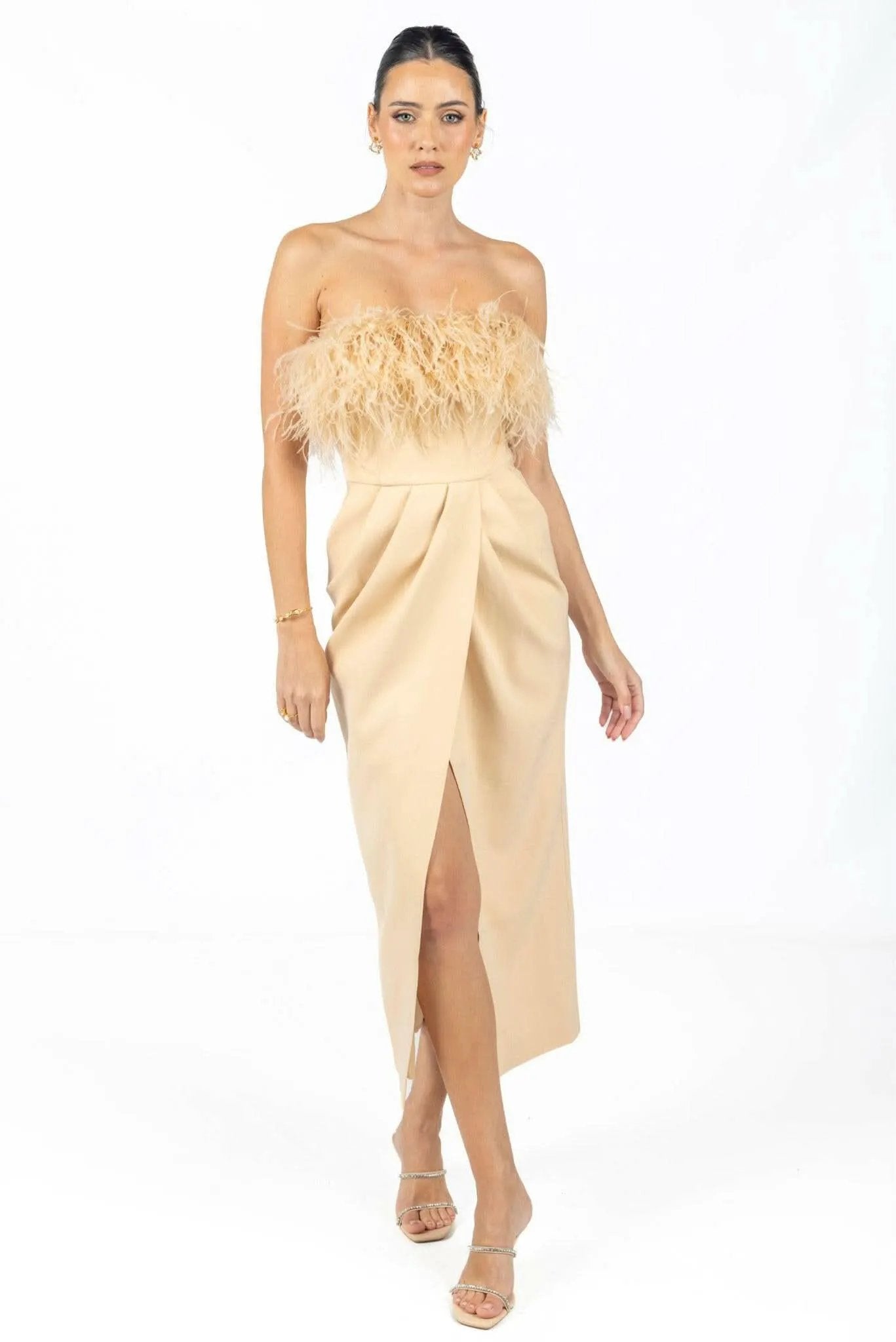 Diane Midi Feather Dress Beige by Akalia