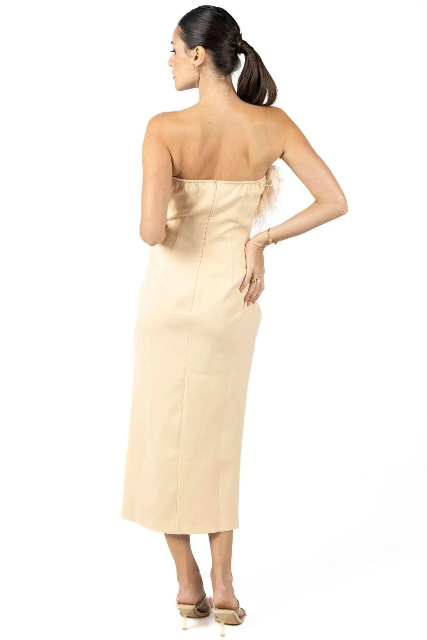 Diane Midi Feather Dress Beige by Akalia
