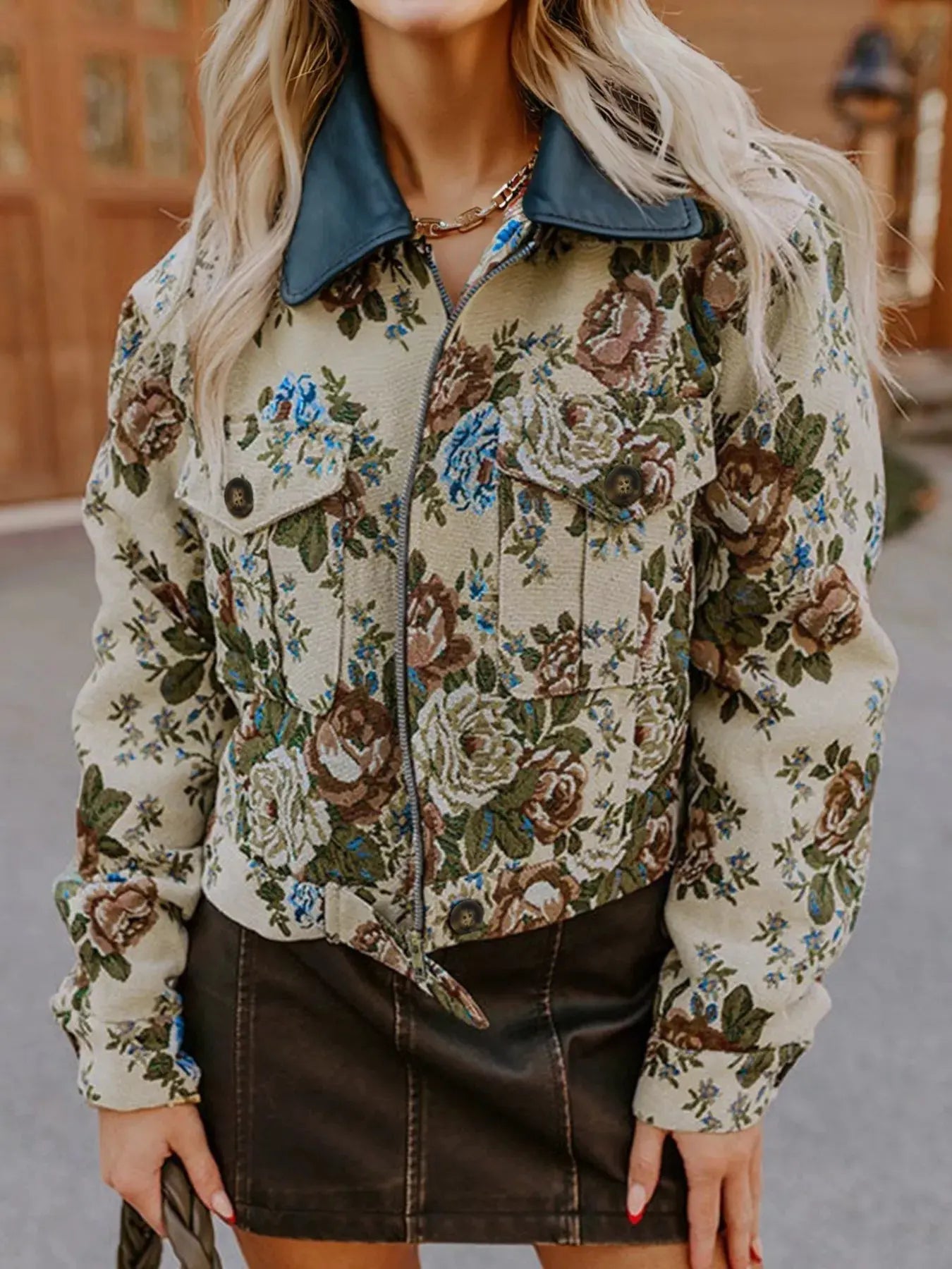 Floral Print Zip Up Contrast Collared Jacket by Partner Label