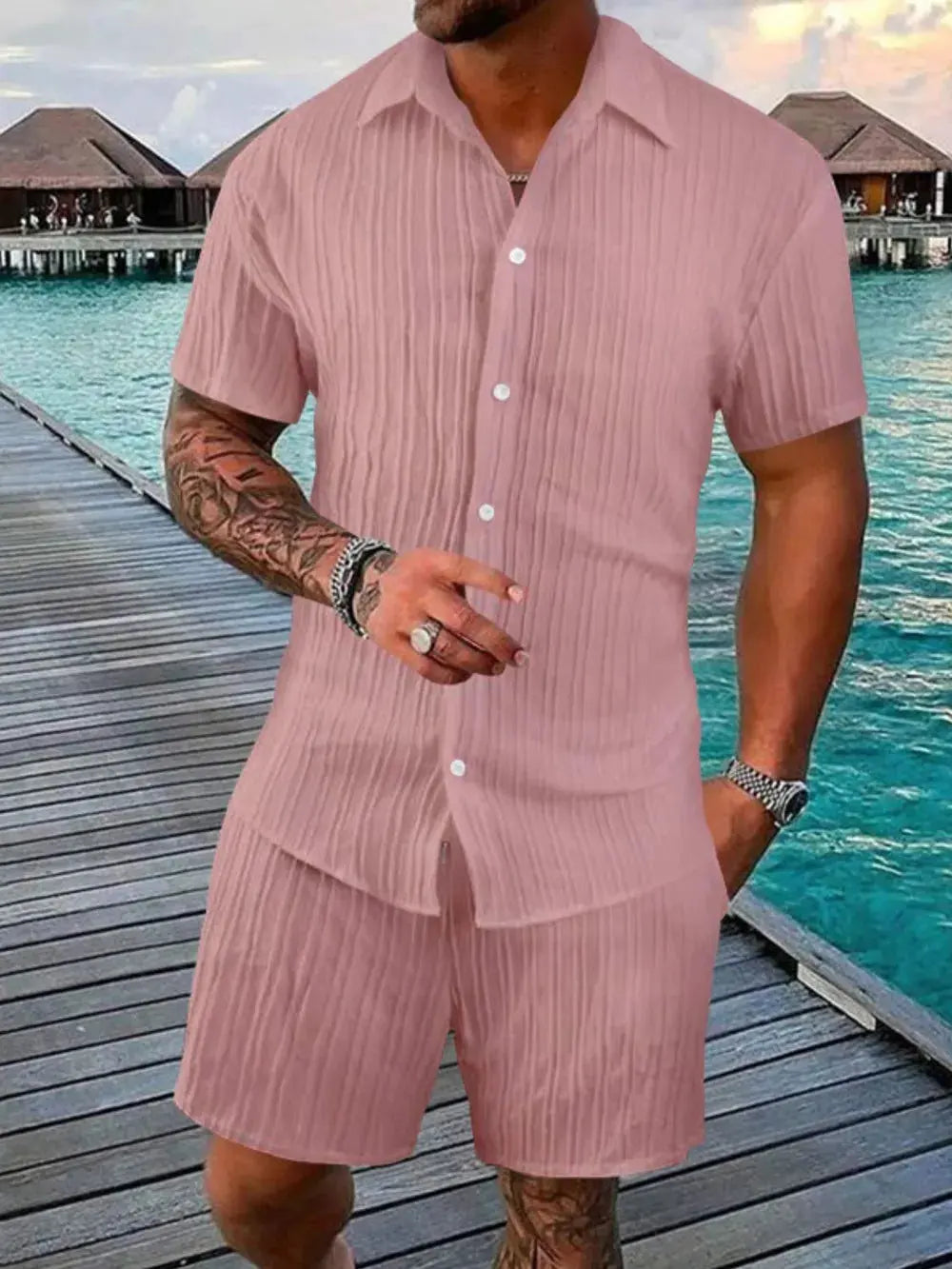 Men's Full Size Button Down Short Sleeve Shirt and Shorts Set Plus Size by Trendsi