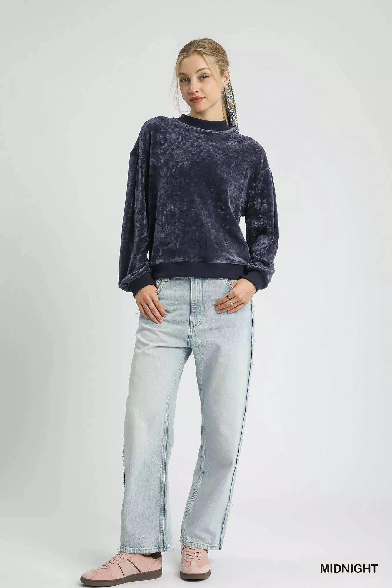 Umgee Velour Crewneck Balloon Sleeve Sweatshirt by Umgee