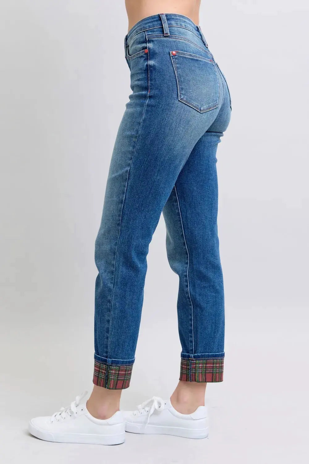 Judy Blue Full Size Plaid Print Cuff Straight Leg Jeans with Pockets by Judy Blue