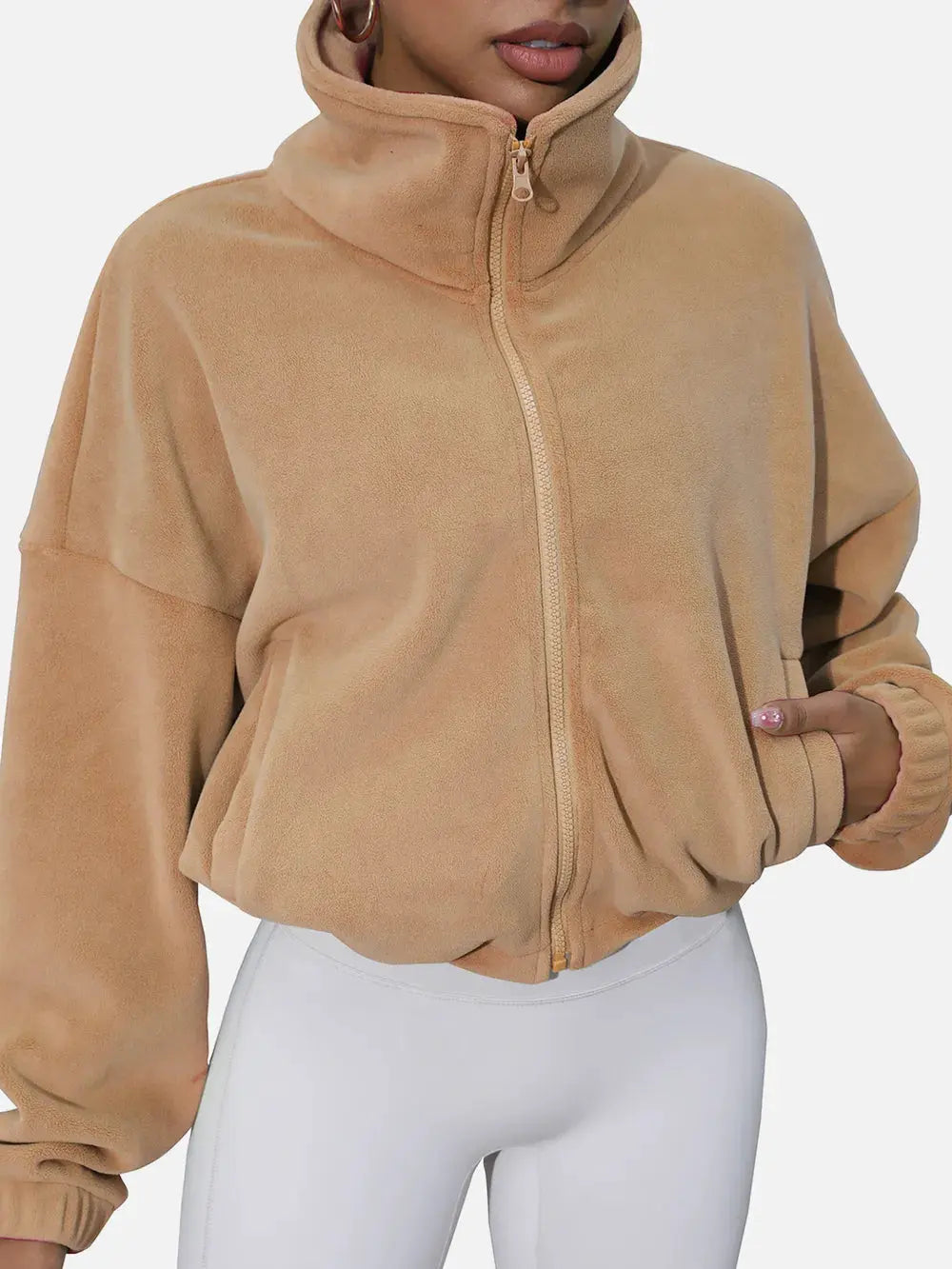 Drawstring Turtleneck Zip Up Long Sleeve Jacket by Partner Label