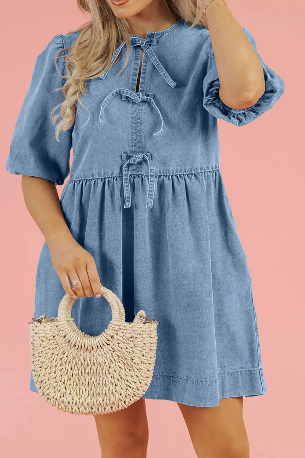 Bowknot Round Neck Half Sleeve Denim Dress by Partner Label