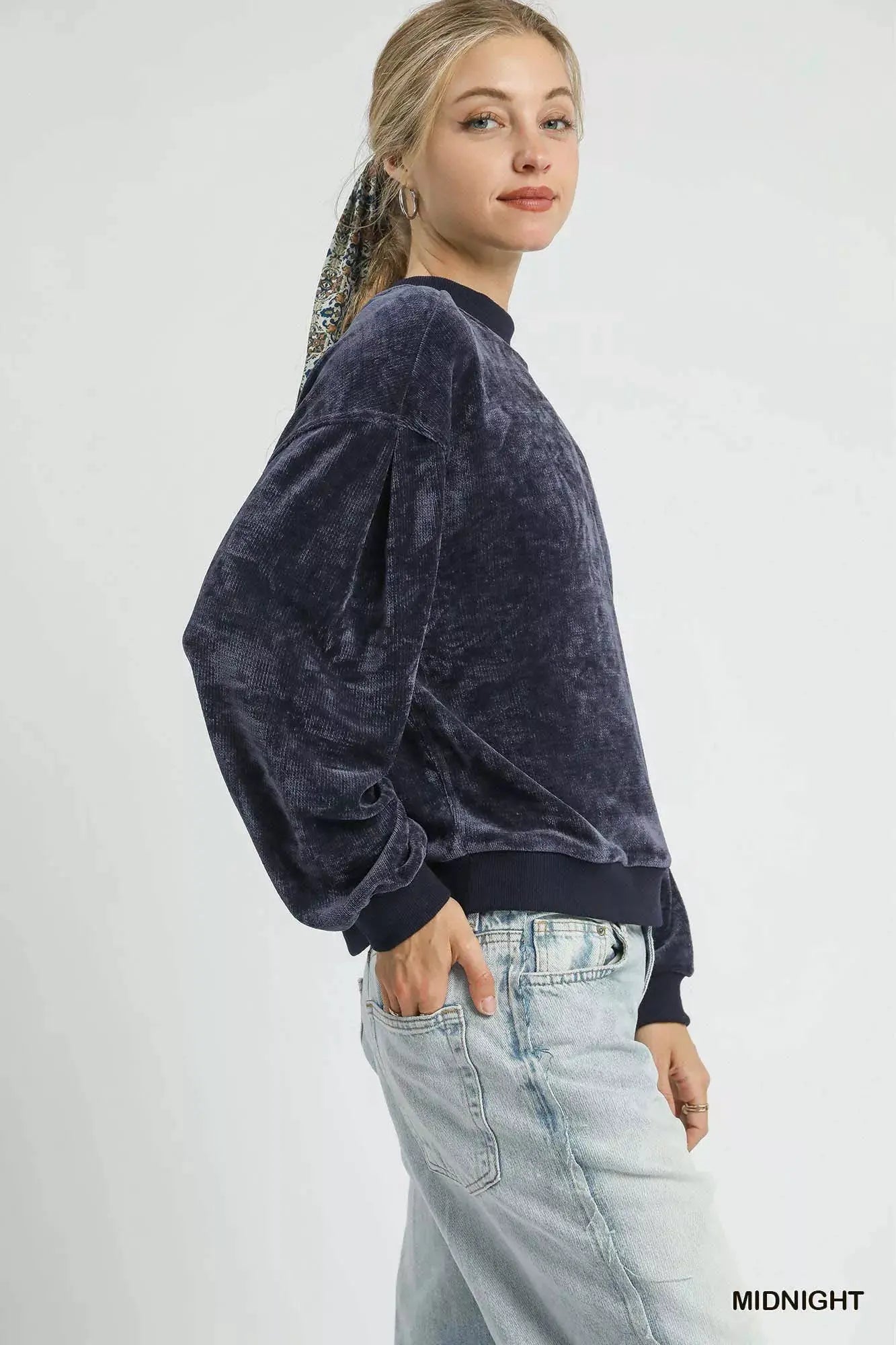 Umgee Velour Crewneck Balloon Sleeve Sweatshirt by Umgee