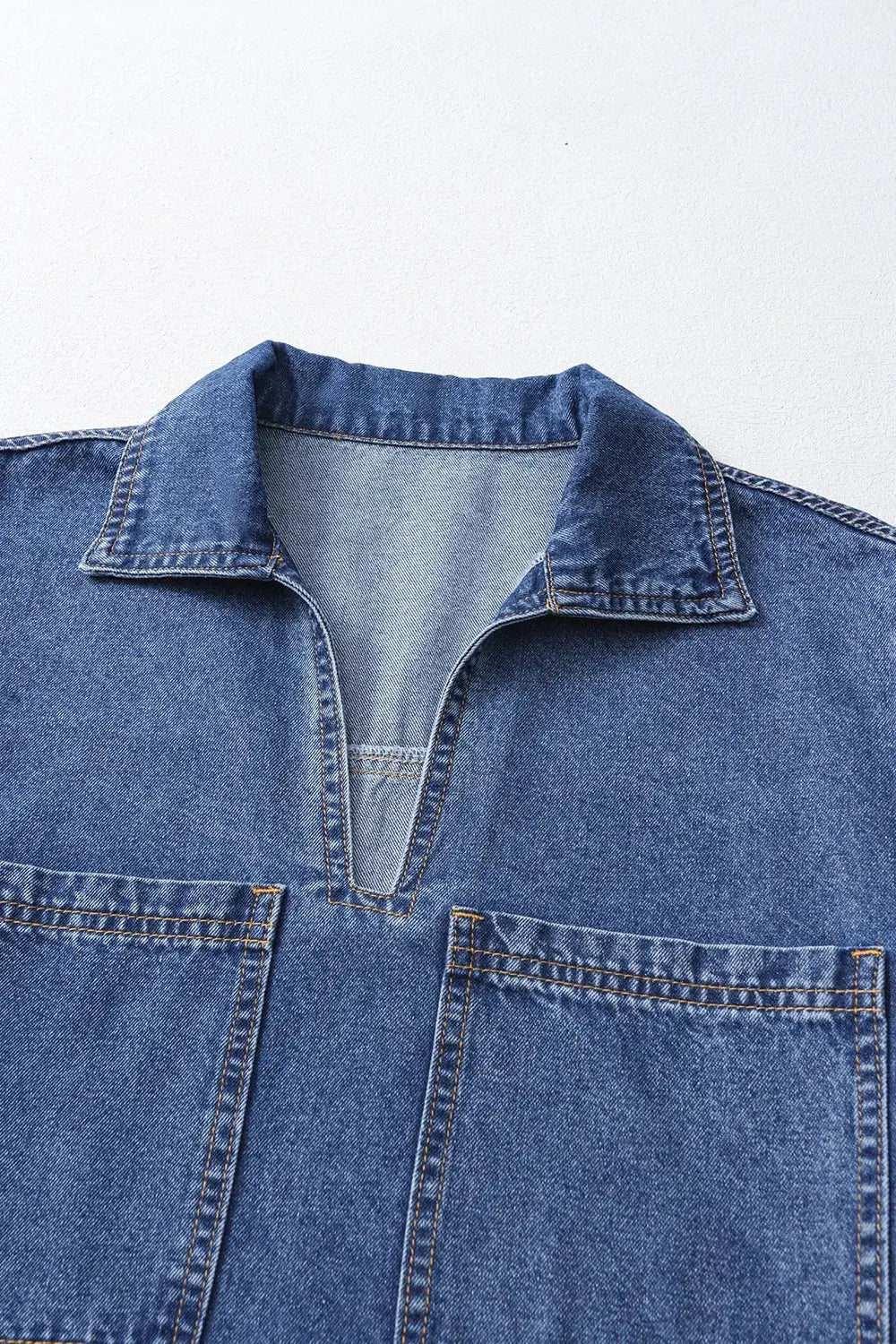 Short Sleeve Collared Patched Pocket Denim Mini Dress by Partner Label