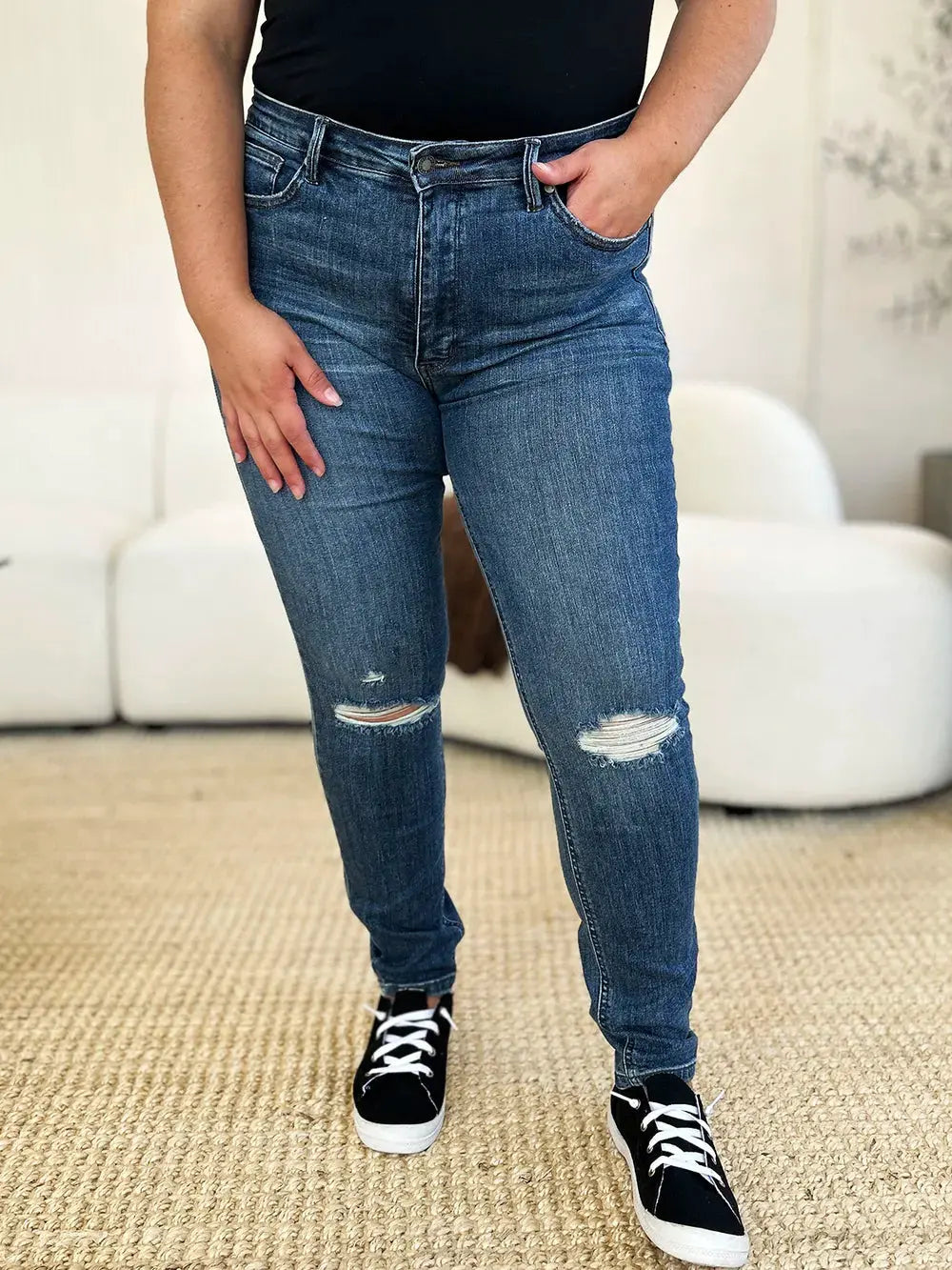 Judy Blue Full Size Mid Waist Distressed Slim Jeans by Judy Blue