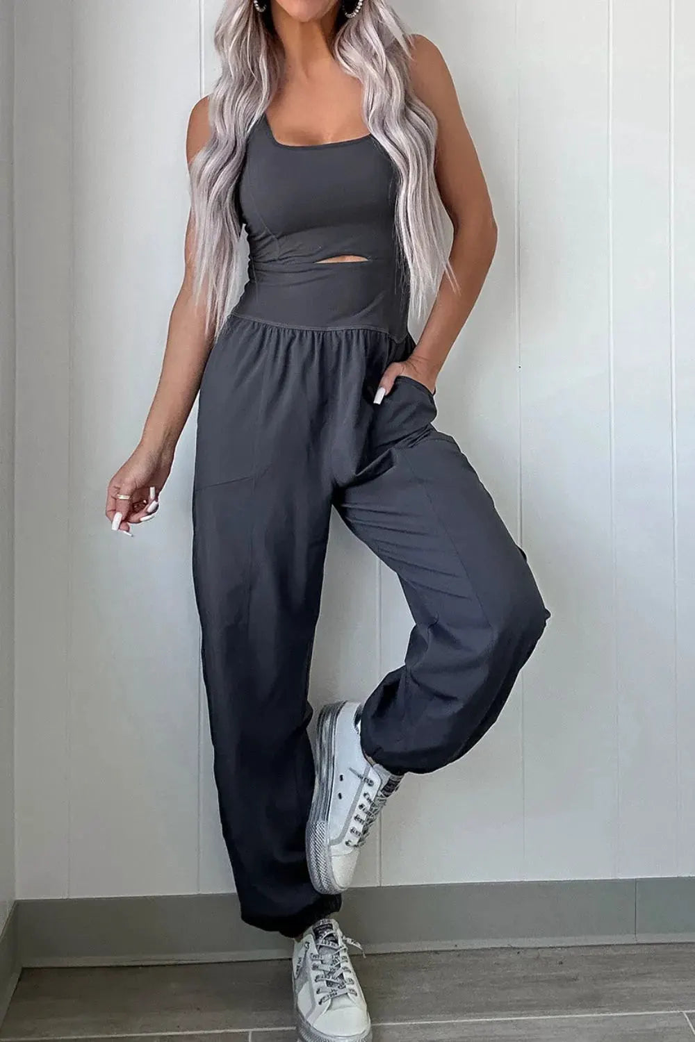 Cutout Square Neck Wide Strap Active Jumpsuit by Partner Label