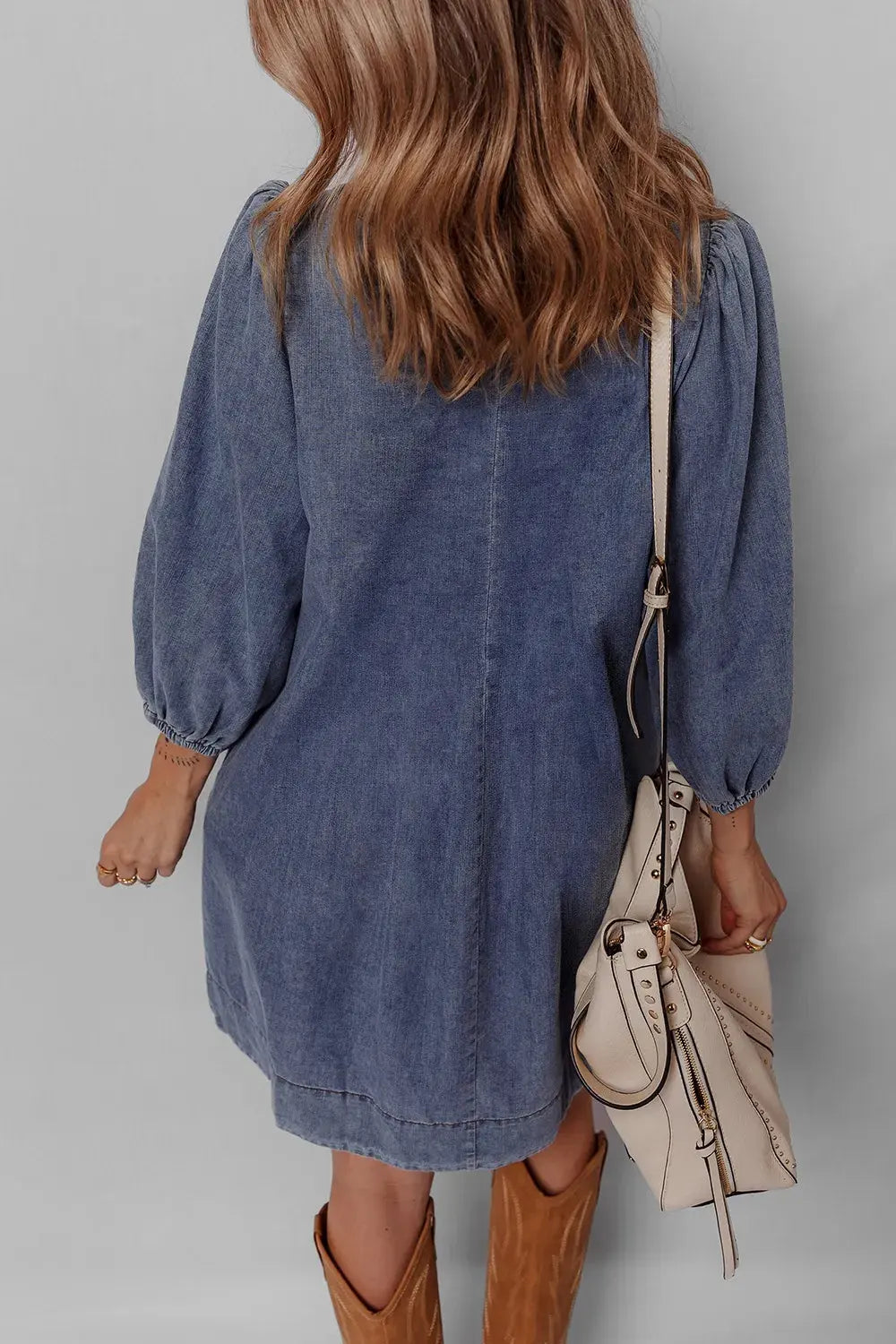 Tie Neck Long Sleeve Mini Denim Dress by Partner Label