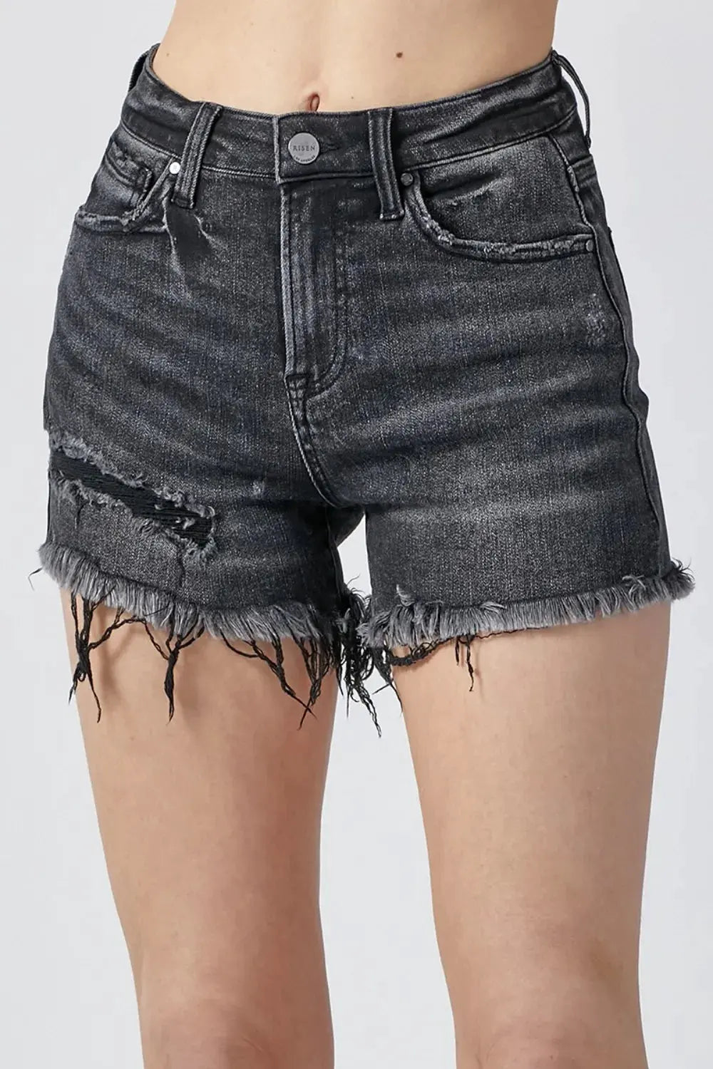 RISEN Raw Hem Denim Shorts with Pockets by RISEN
