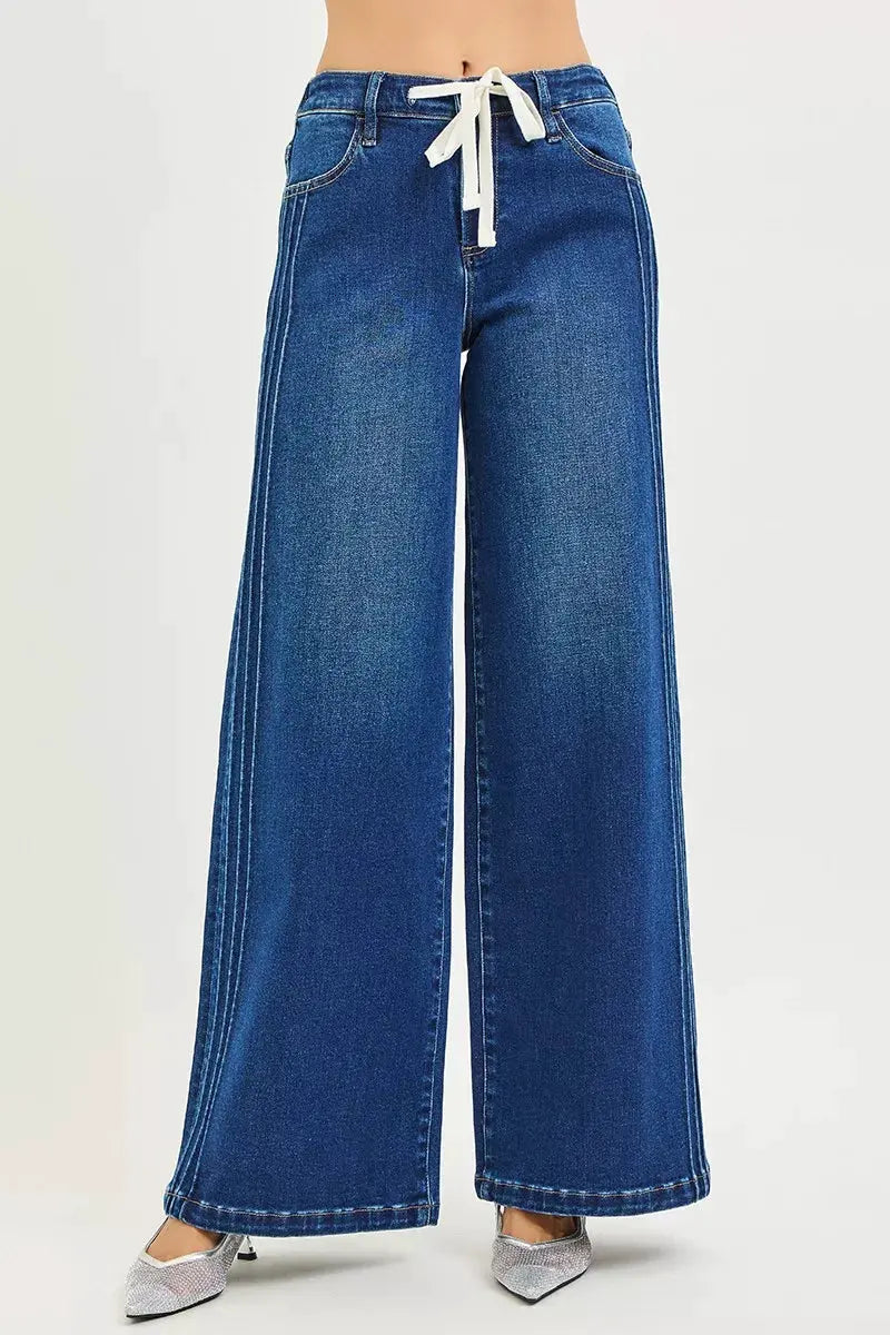 RISEN Full Size Mid Rise Wide Side Pintuck Jeans with Front Drawstring Plus Size by RISEN