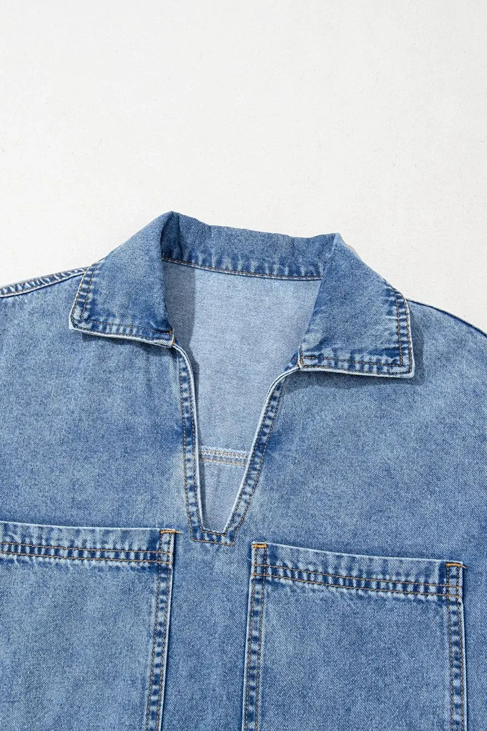 Short Sleeve Collared Patched Pocket Denim Mini Dress by Partner Label
