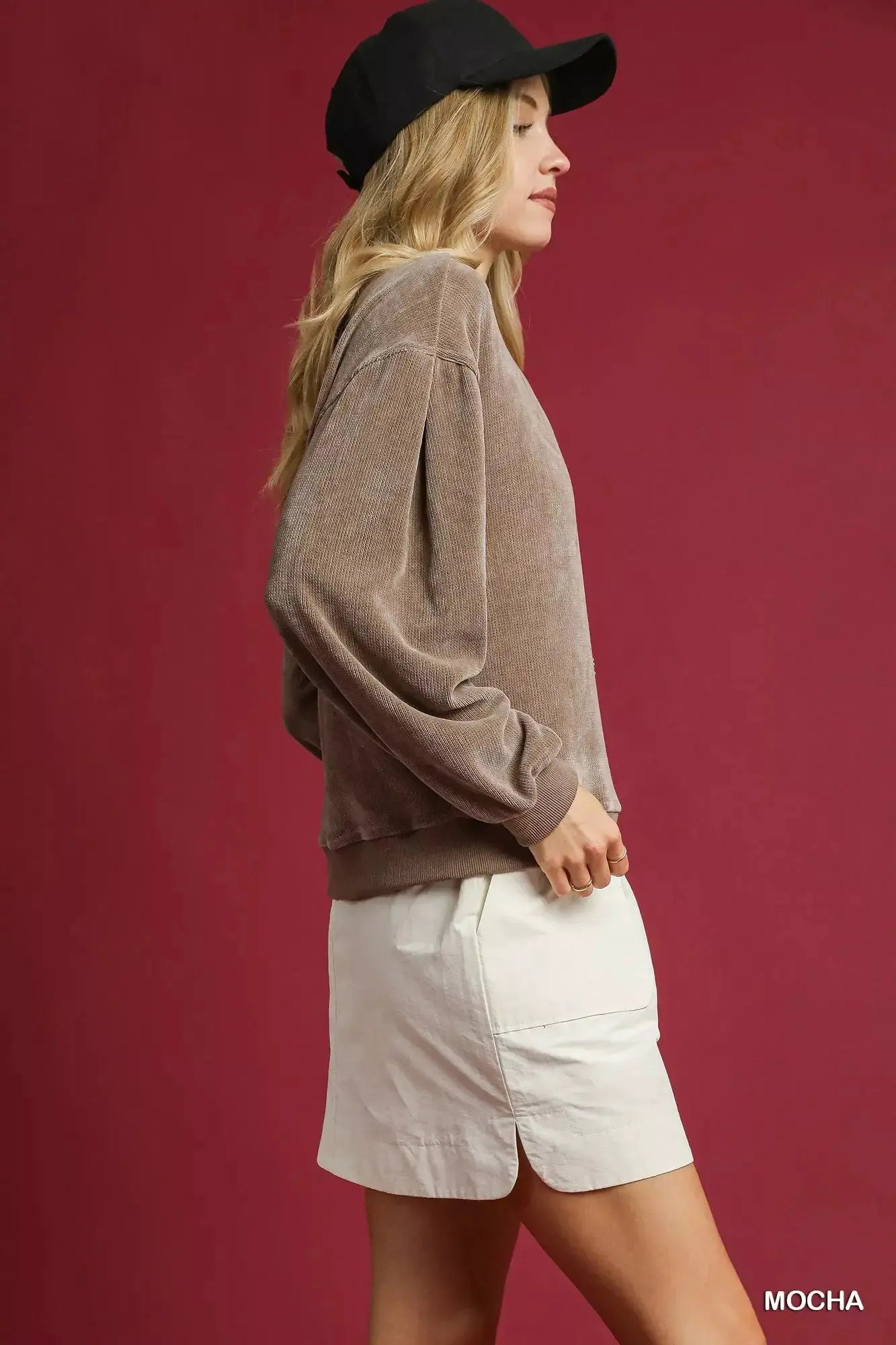 Umgee Velour Crewneck Balloon Sleeve Sweatshirt by Umgee