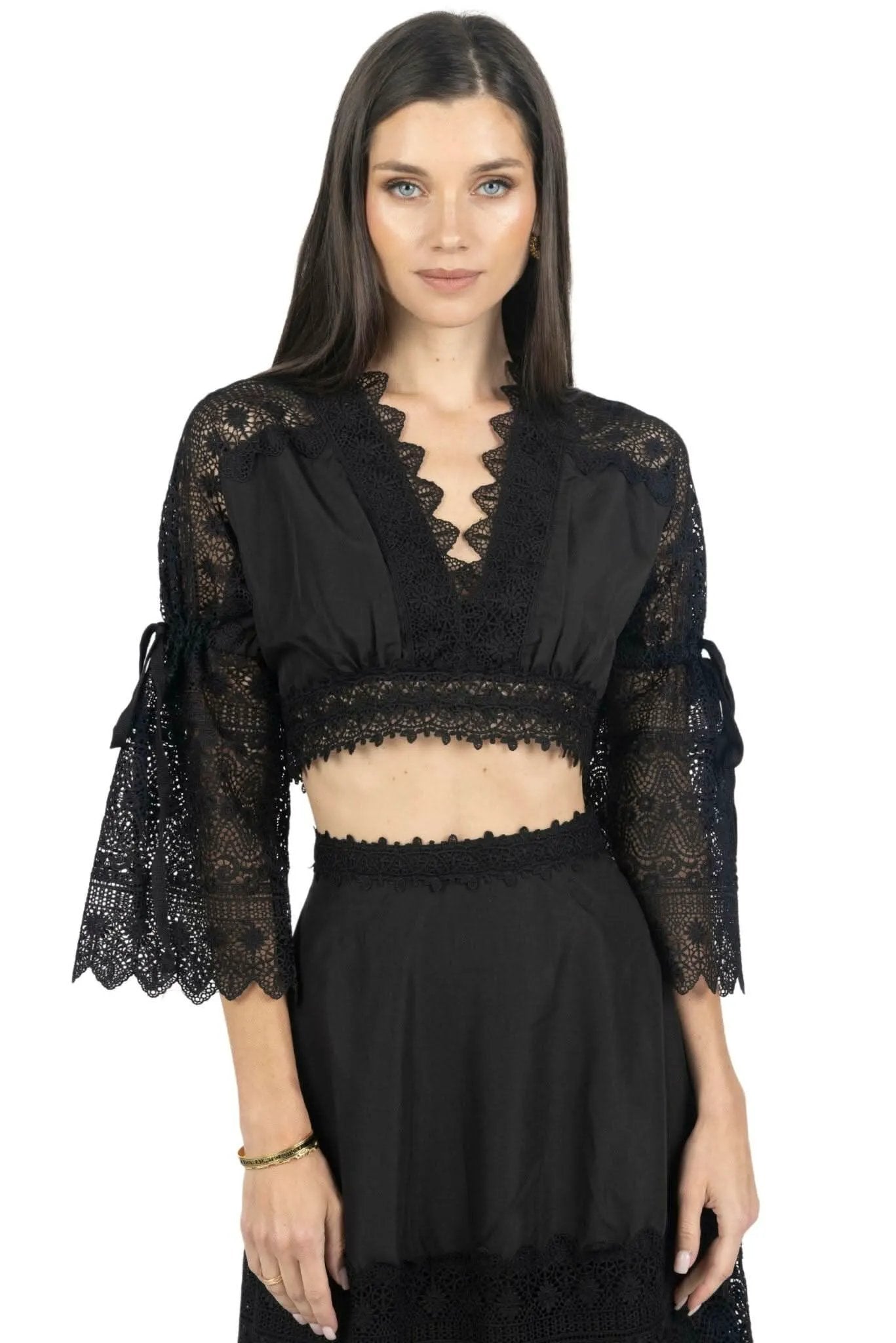 Emily Guipure Lace Top & Maxi Skirt Set In Black by AKALIA