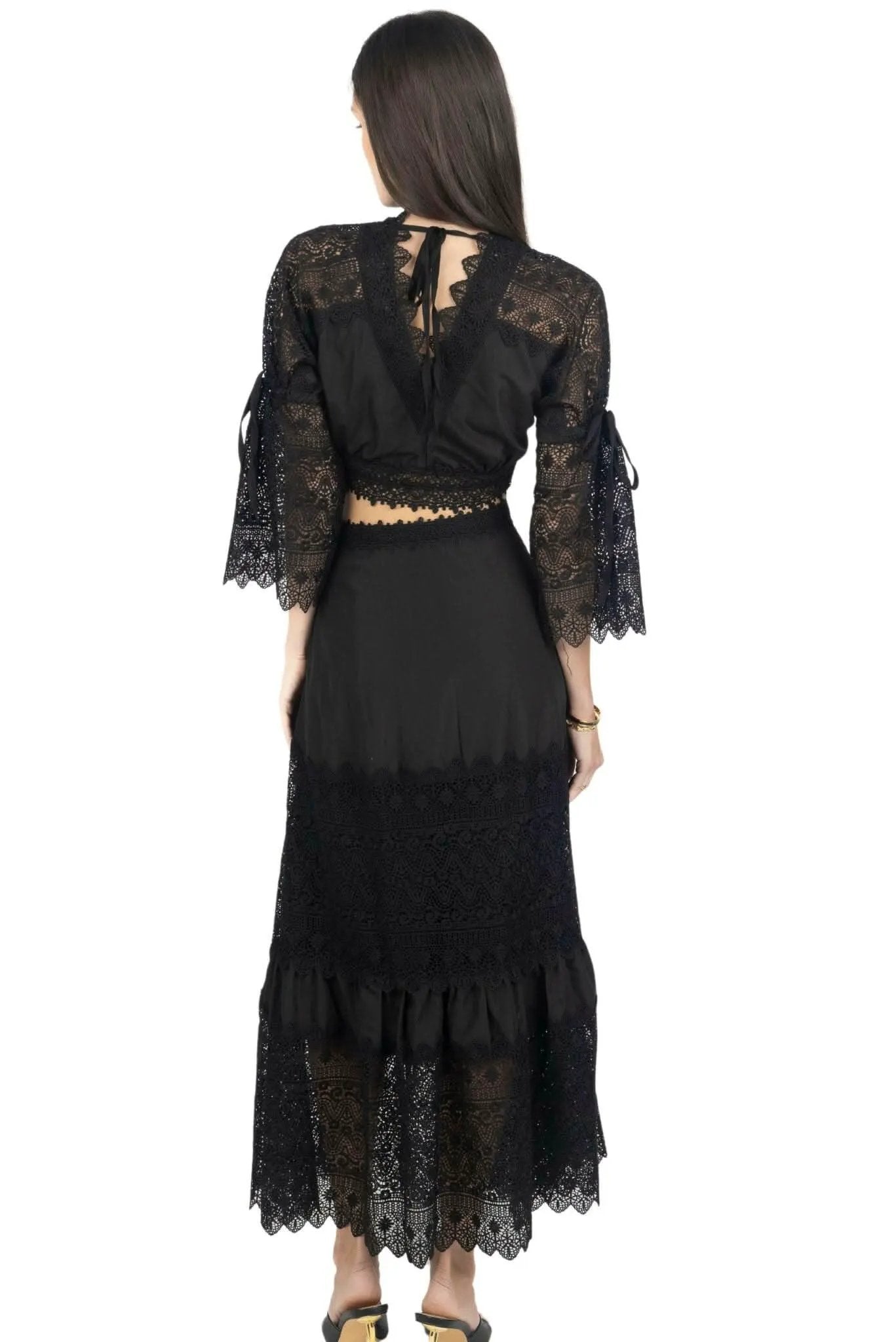 Emily Guipure Lace Top & Maxi Skirt Set In Black by AKALIA