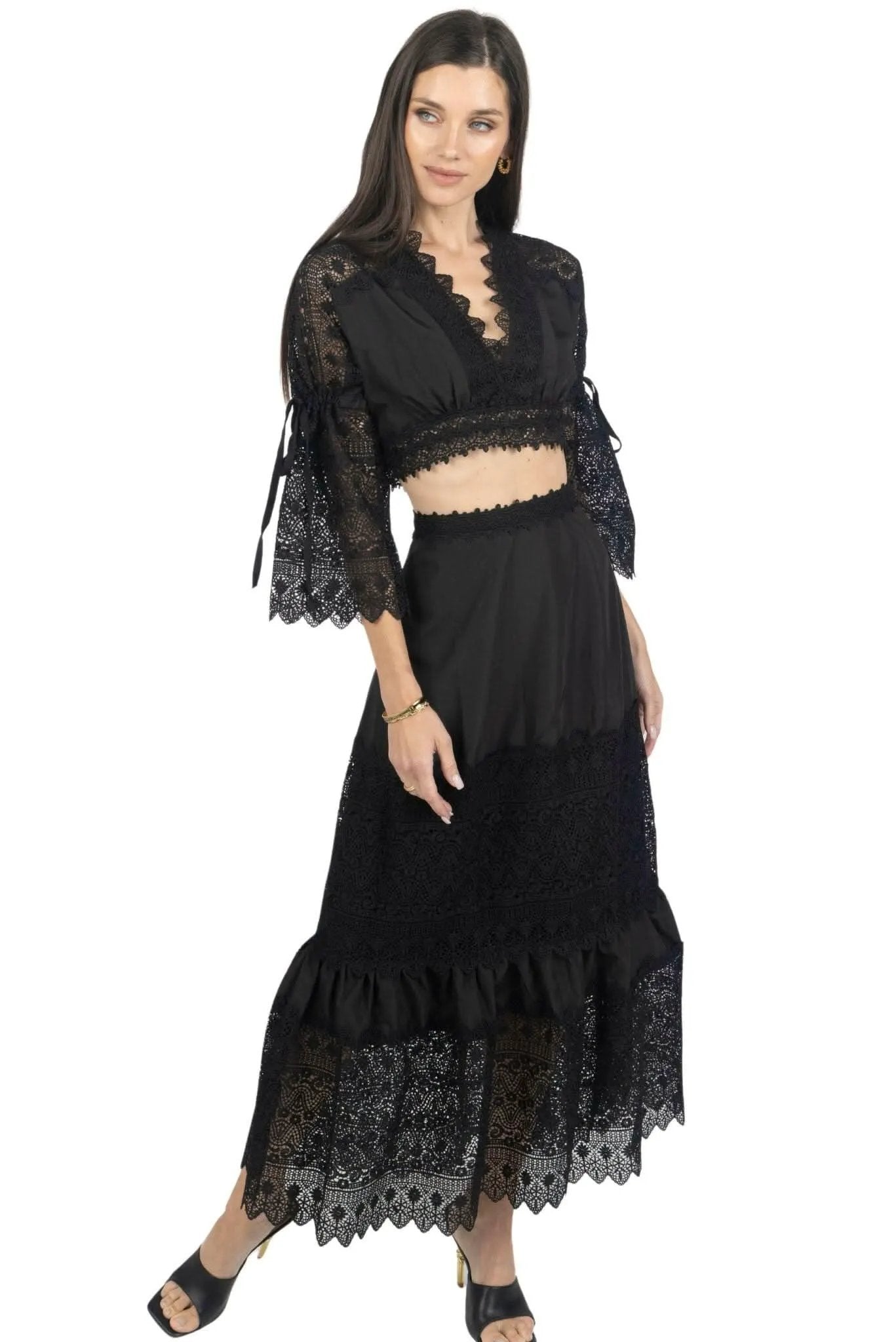 Emily Guipure Lace Top & Maxi Skirt Set In Black by AKALIA