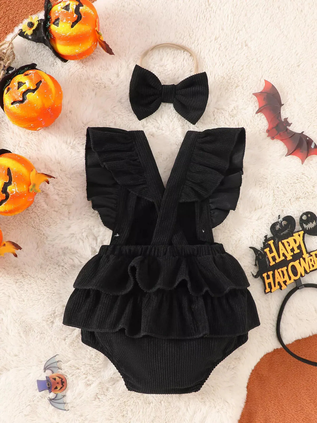Children's Halloween Skeleton Ruffle Bodysuit and Bow Headband Set by Trendsi