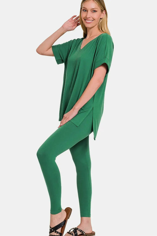 Zenana Full Size V-Neck Rolled Short Sleeve T-Shirt and Leggings Lounge Set by Zenana