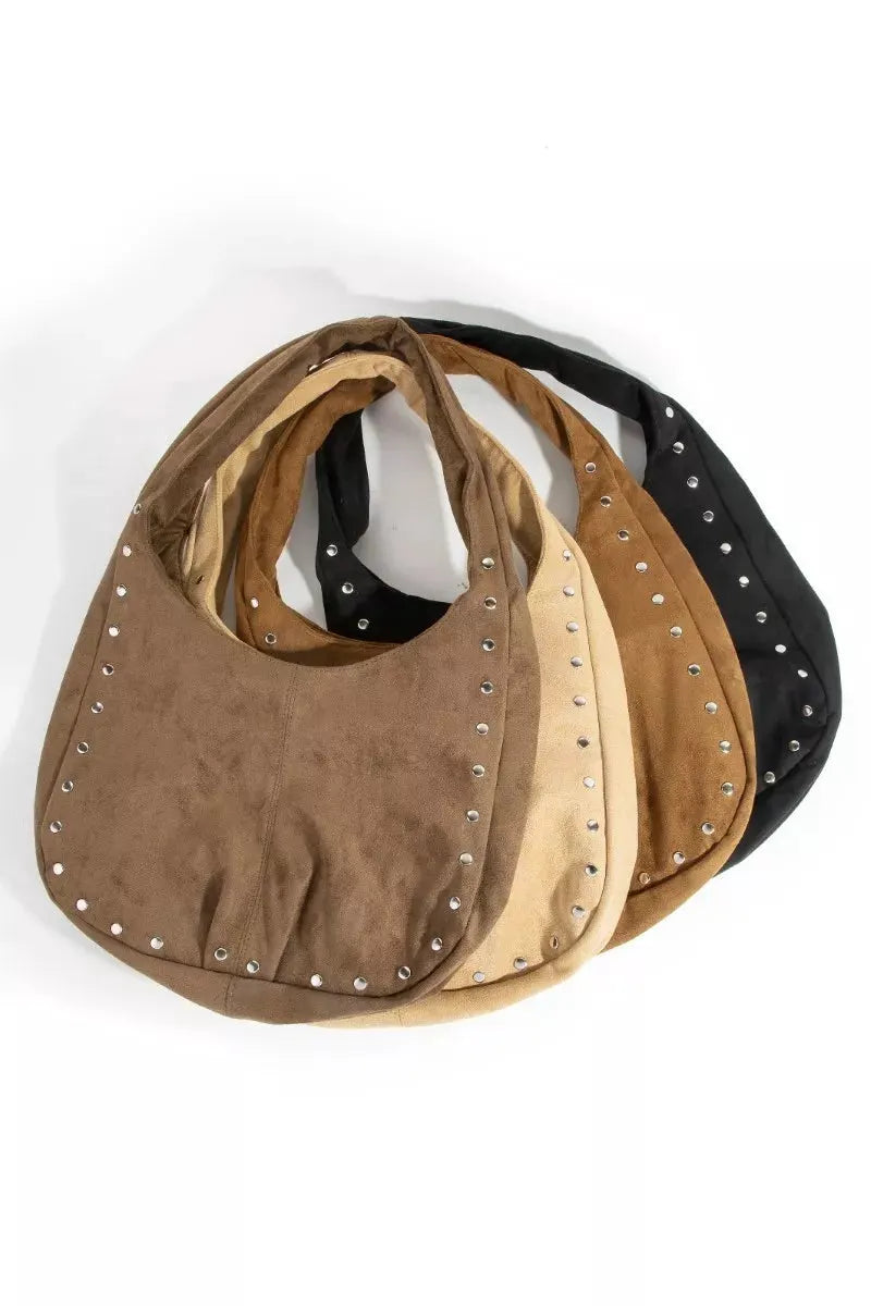 Fame Faux Suede Studded Trim Hobo Bag by Fame