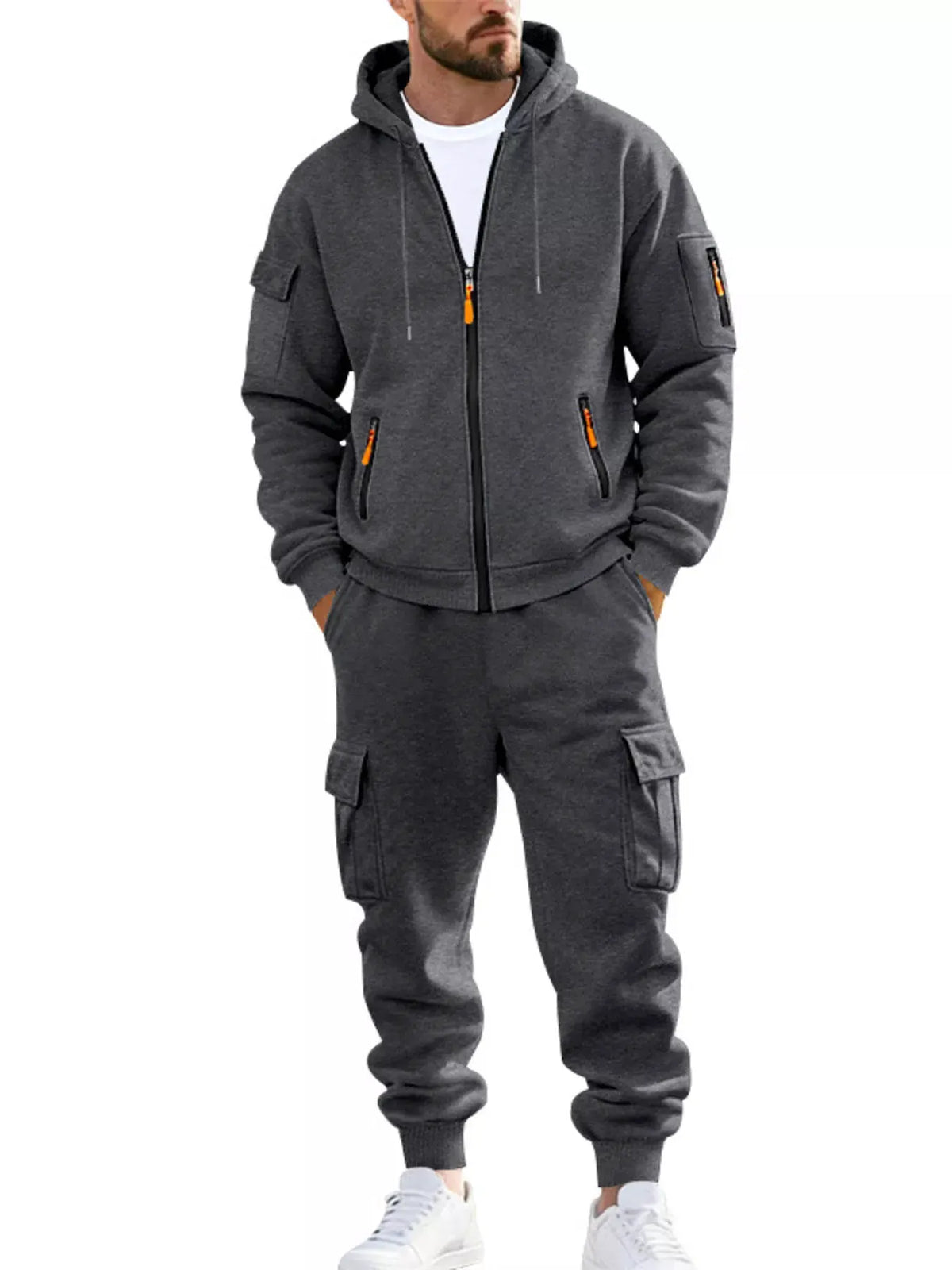 Men's Plus Size Casual Zip-Up Hoodie and Cargo Pants Set by Partner Label
