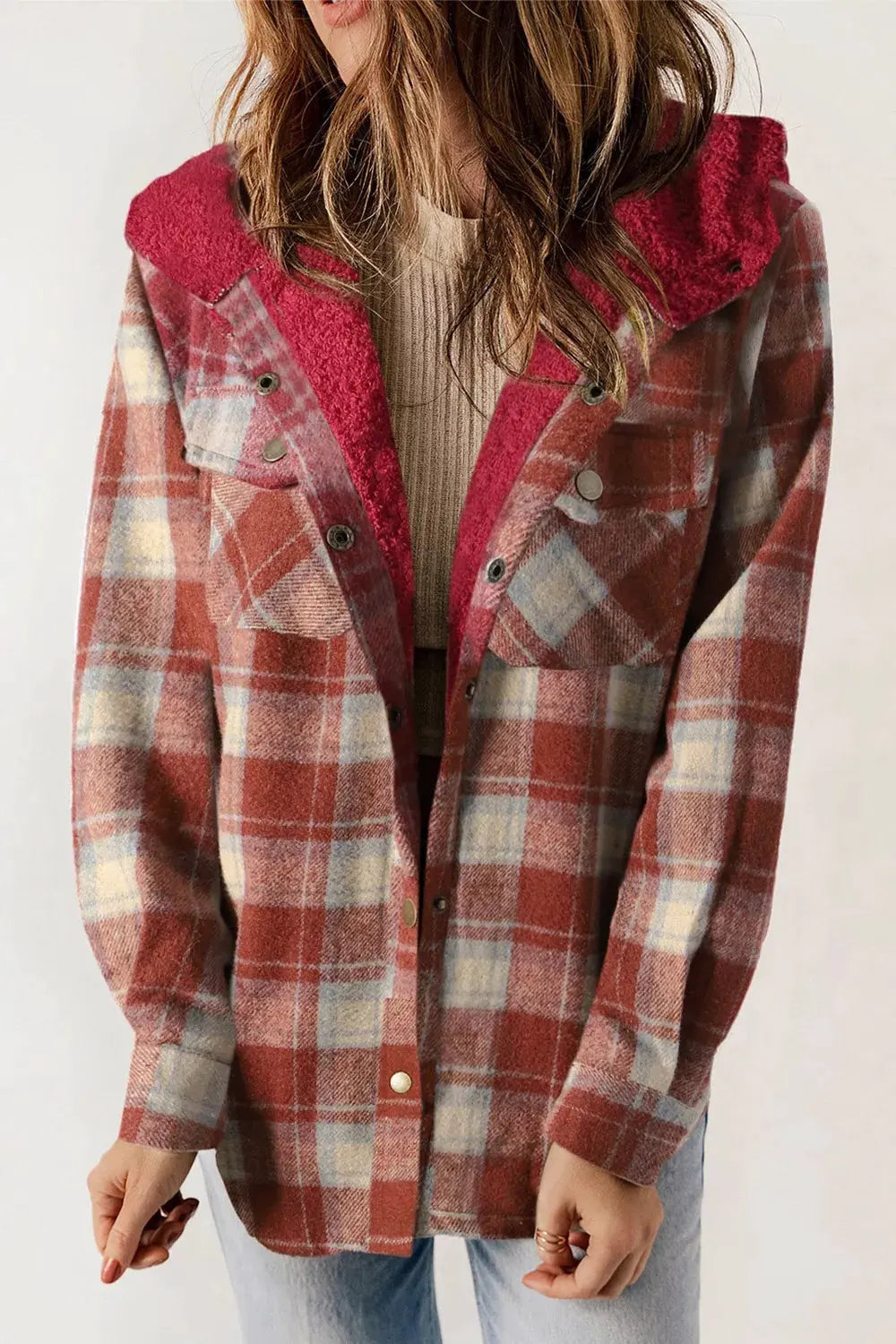 Fleece Lined Plaid Hooded Jacket by Partner Label