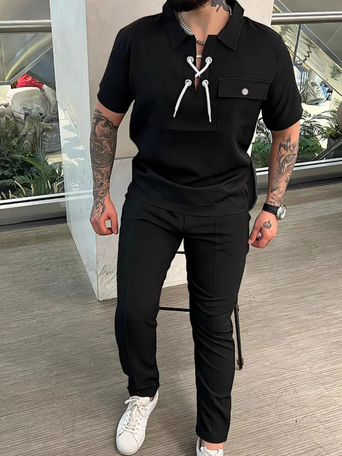 Men's Full Size Lace Up Short Sleeve Top and Pants Plus Size by Trendsi
