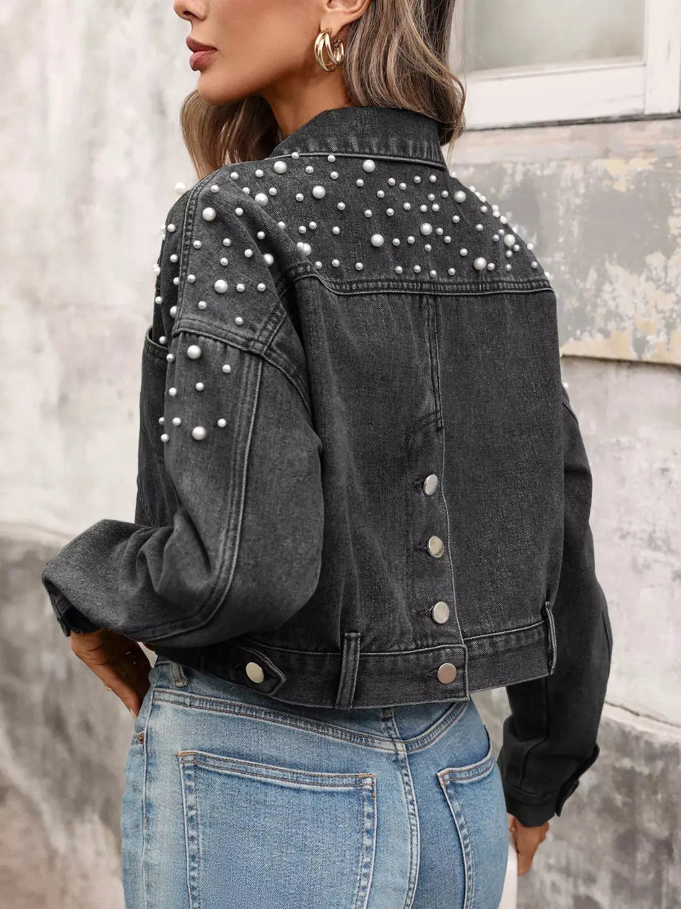 Pearl Embellished Cropped Denim Jacket by Partner Label