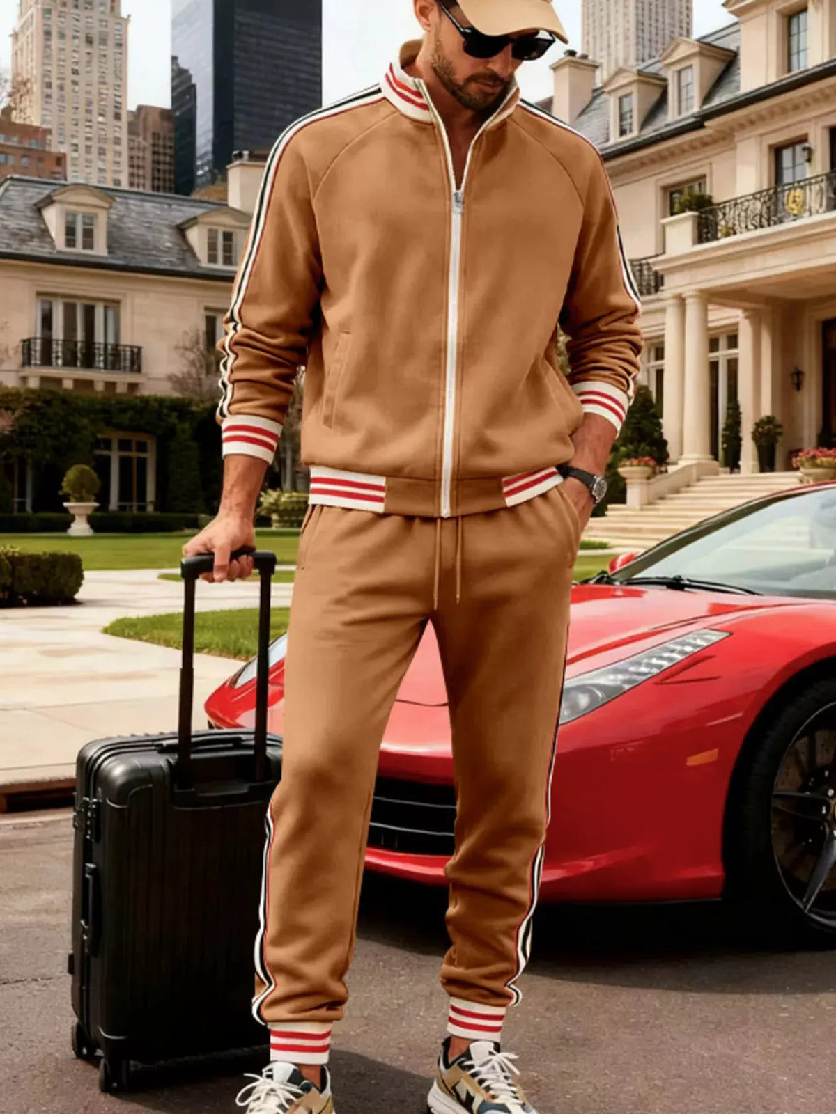 Men's Full Size Striped Zip Up Outerwear and Pants Plus Size by Partner Label