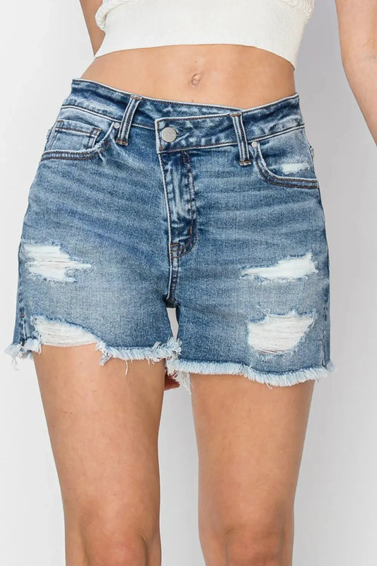 RISEN Stepped Waist Frayed Denim Shorts by RISEN