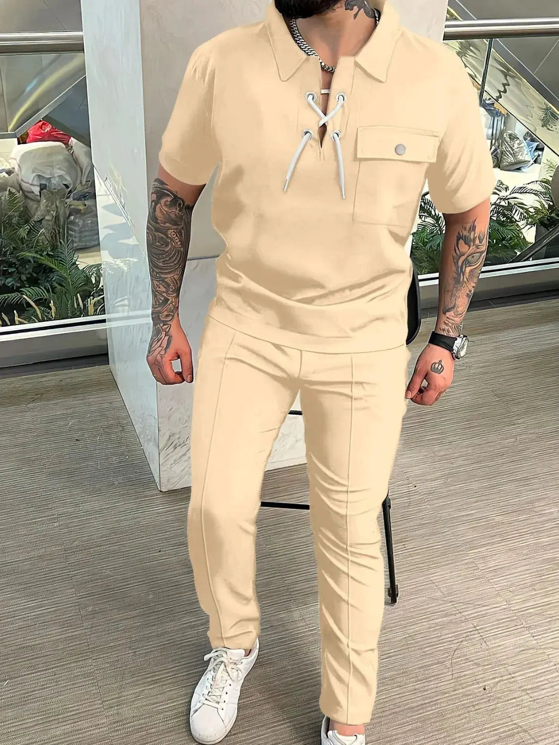 Men's Full Size Lace Up Short Sleeve Top and Pants Plus Size by Trendsi