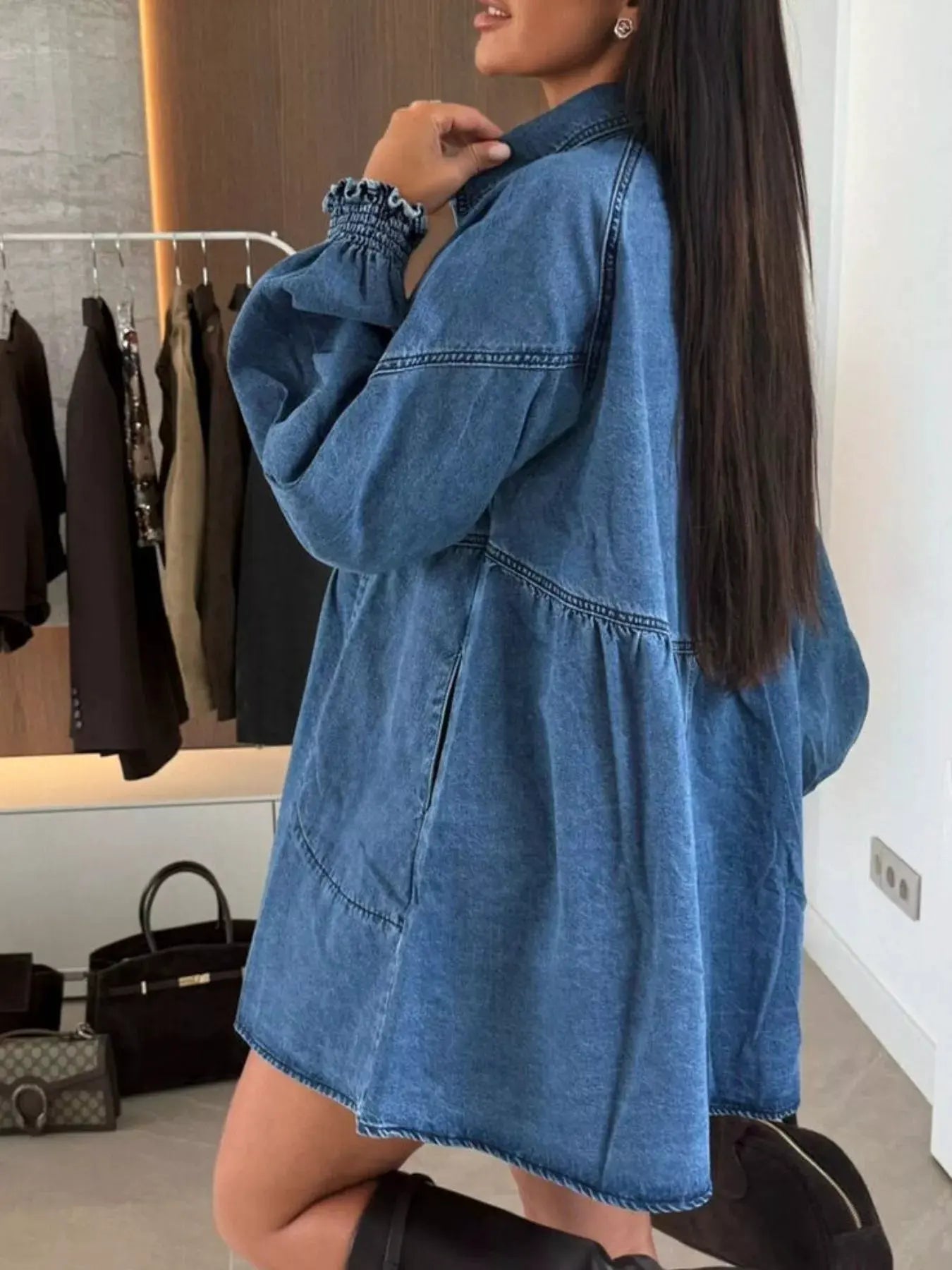 Button Down Mini Denim Dress with Front Pockets by Partner Label