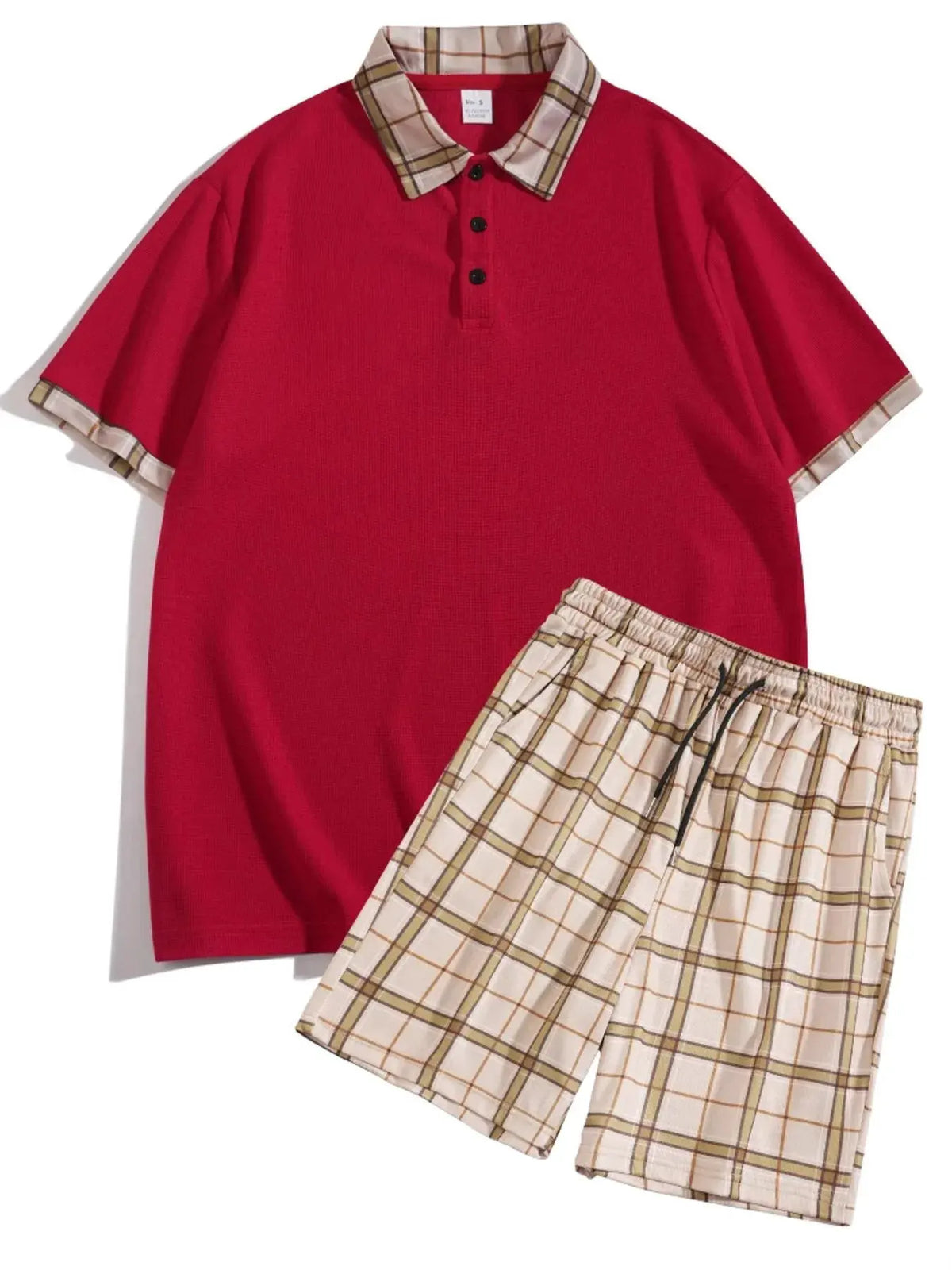 Men's Full Size Classic Plaid Collar Polo and Shorts Set Plus Size by Trendsi