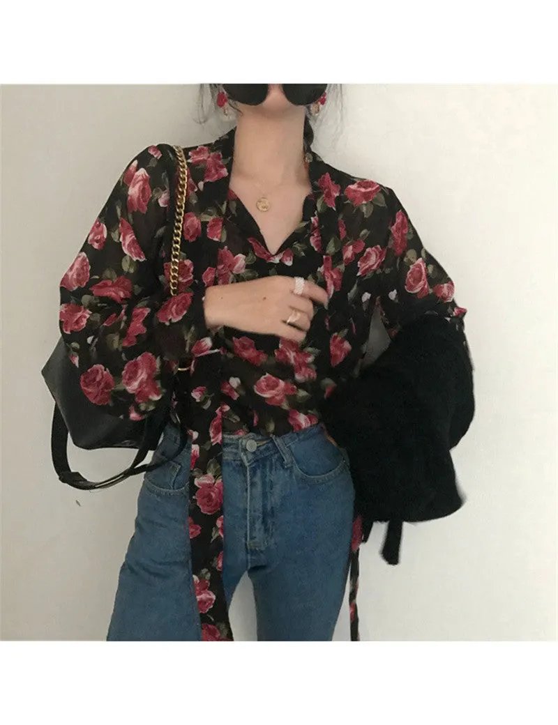 Women Retro Floral Chic Chiffon Spring Fall Fashion Lace-up Design Soft Female Shirts Top Ins by Anybestbuy Store