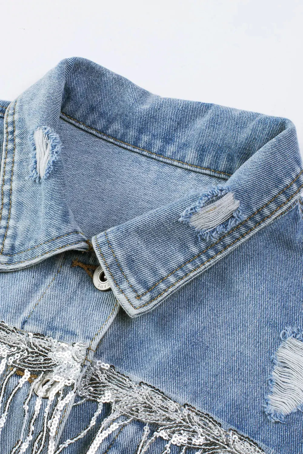 Sequin Fringe Trim Distressed Button Up Denim Jacket by Partner Label