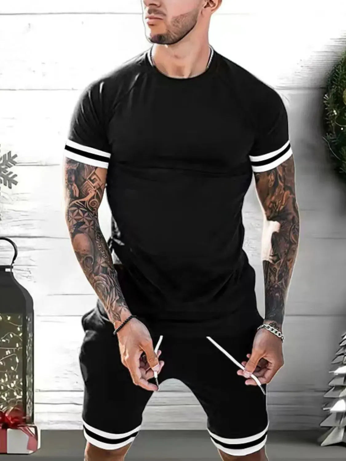 Men's Plus Size Round Neck Short Sleeve Top and Shorts Set by Trendsi