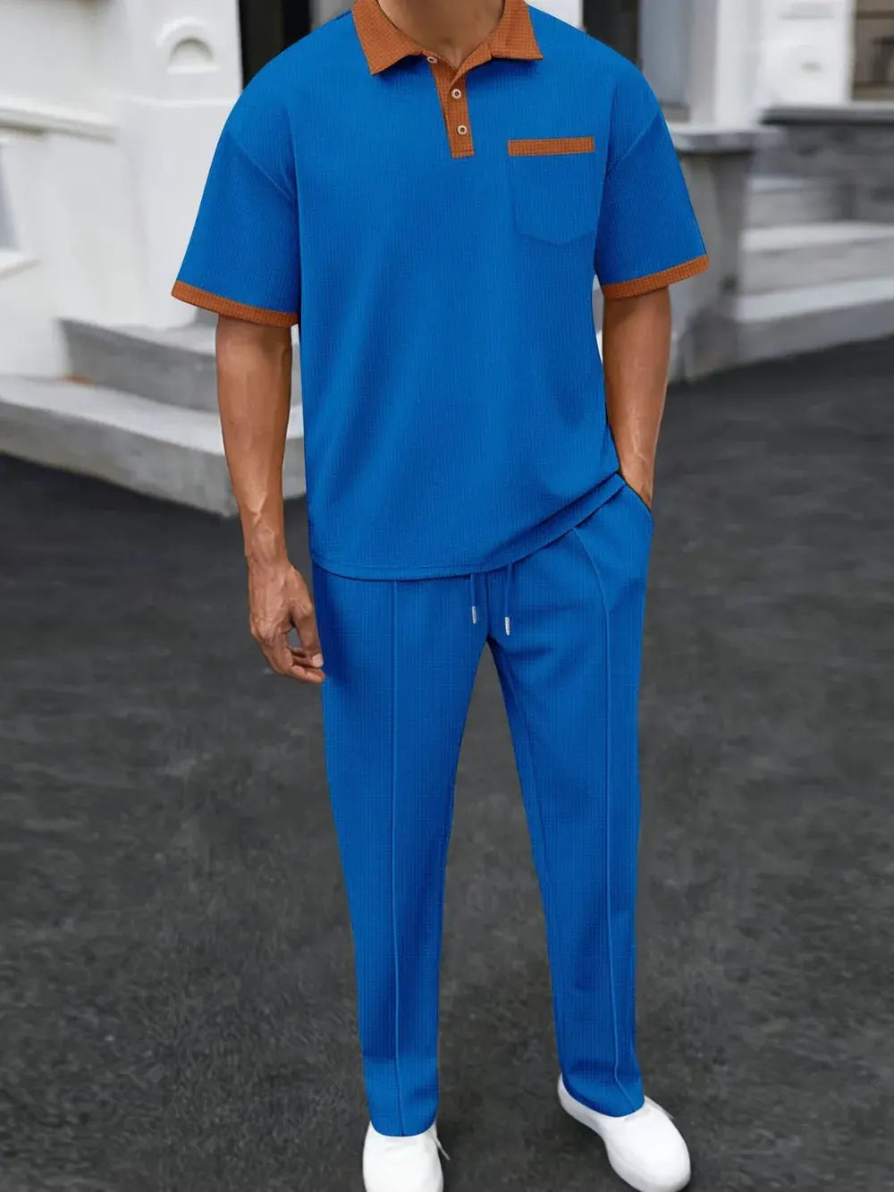 Men's Full Size Waffle-Knit Contrast Polo and Pants Set Plus Size by Trendsi