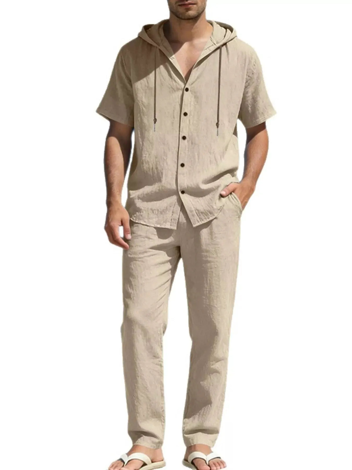 Men's Full Size Button Up Hooded Top and Pants Set Plus Size by Trendsi