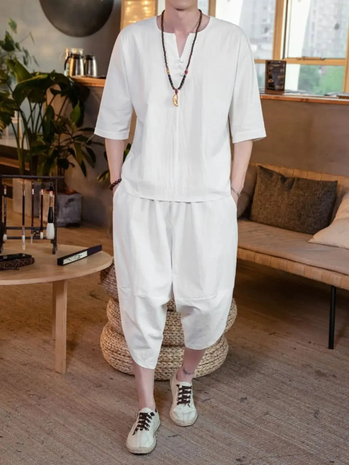 Men's Plus Size Notched Half Sleeve Top and Cropped Pants Set by Partner Label