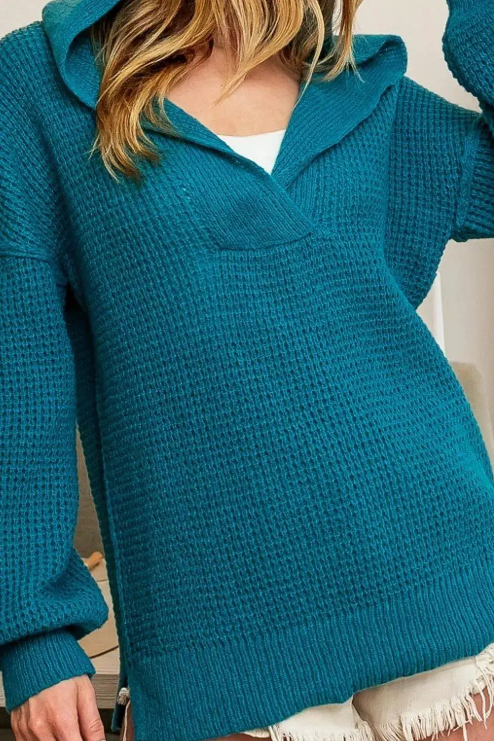 BiBi Raw Edge Detail V-Neck Sweater Hoodie by BiBi