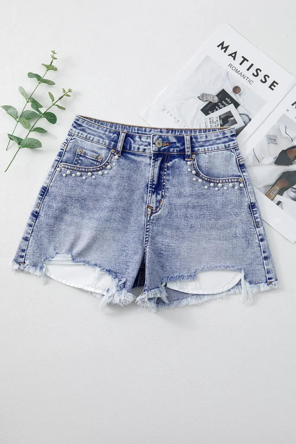 Pearl Studded Pockets Raw Hem Denim Shorts by Partner Label