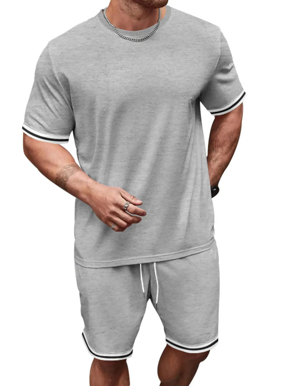 Men's Full Size Striped Short Sleeve Tee and Shorts Set Plus Size by Trendsi