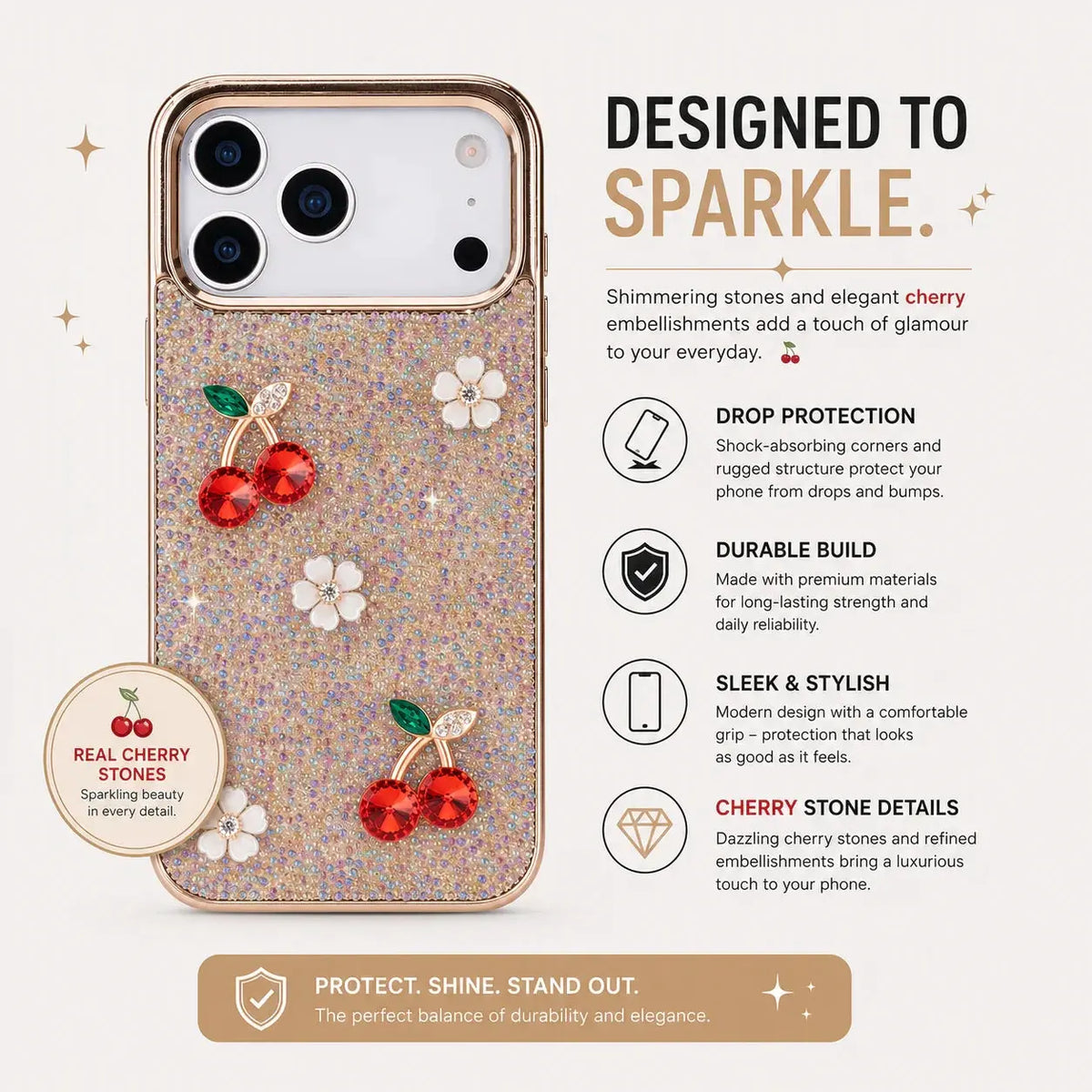 Hilo Crystal Cherry iPhone 18 Pro Max Case – Gold-Tone Frame by TORONATA