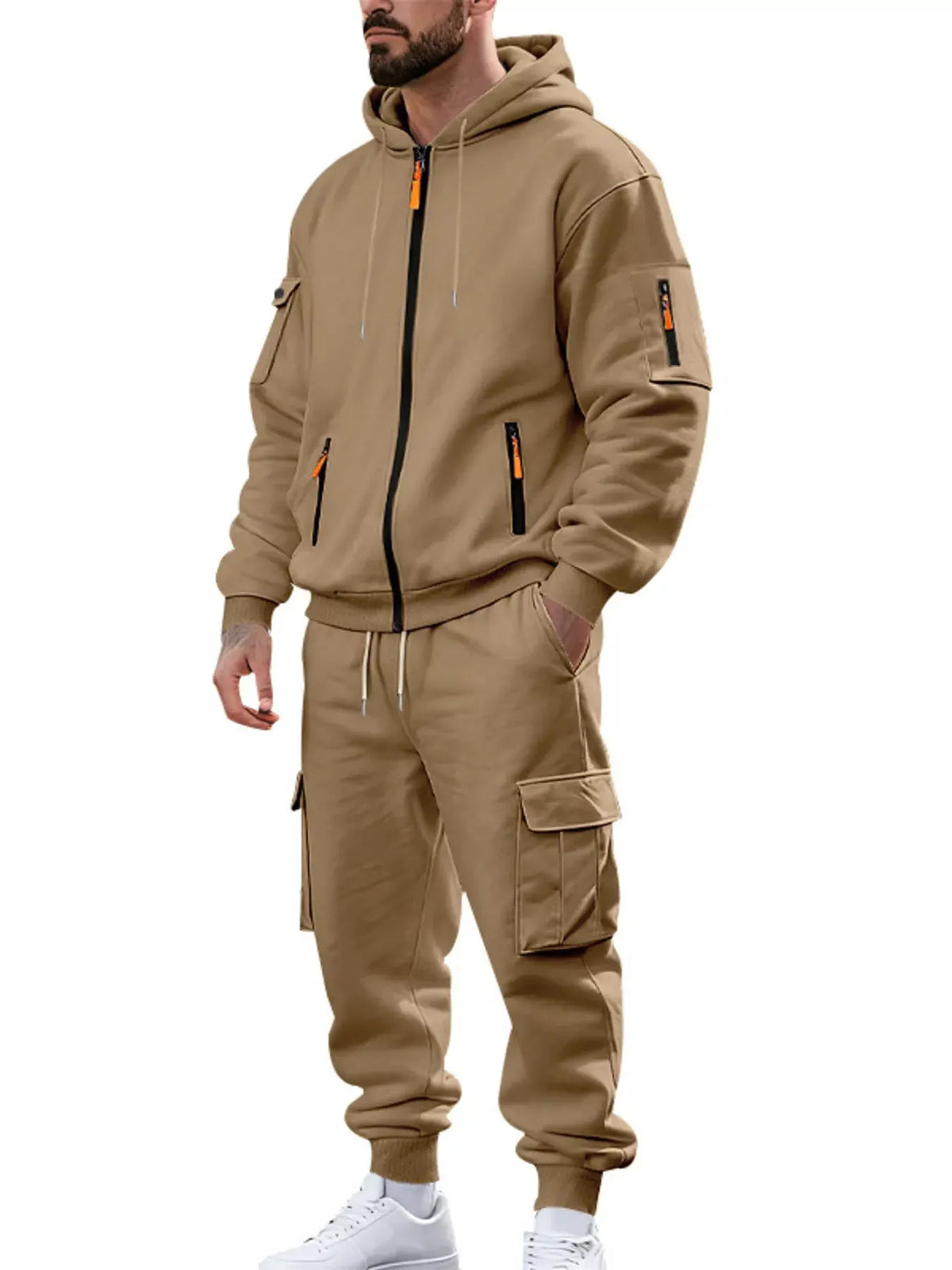 Men's Plus Size Casual Zip-Up Hoodie and Cargo Pants Set by Partner Label